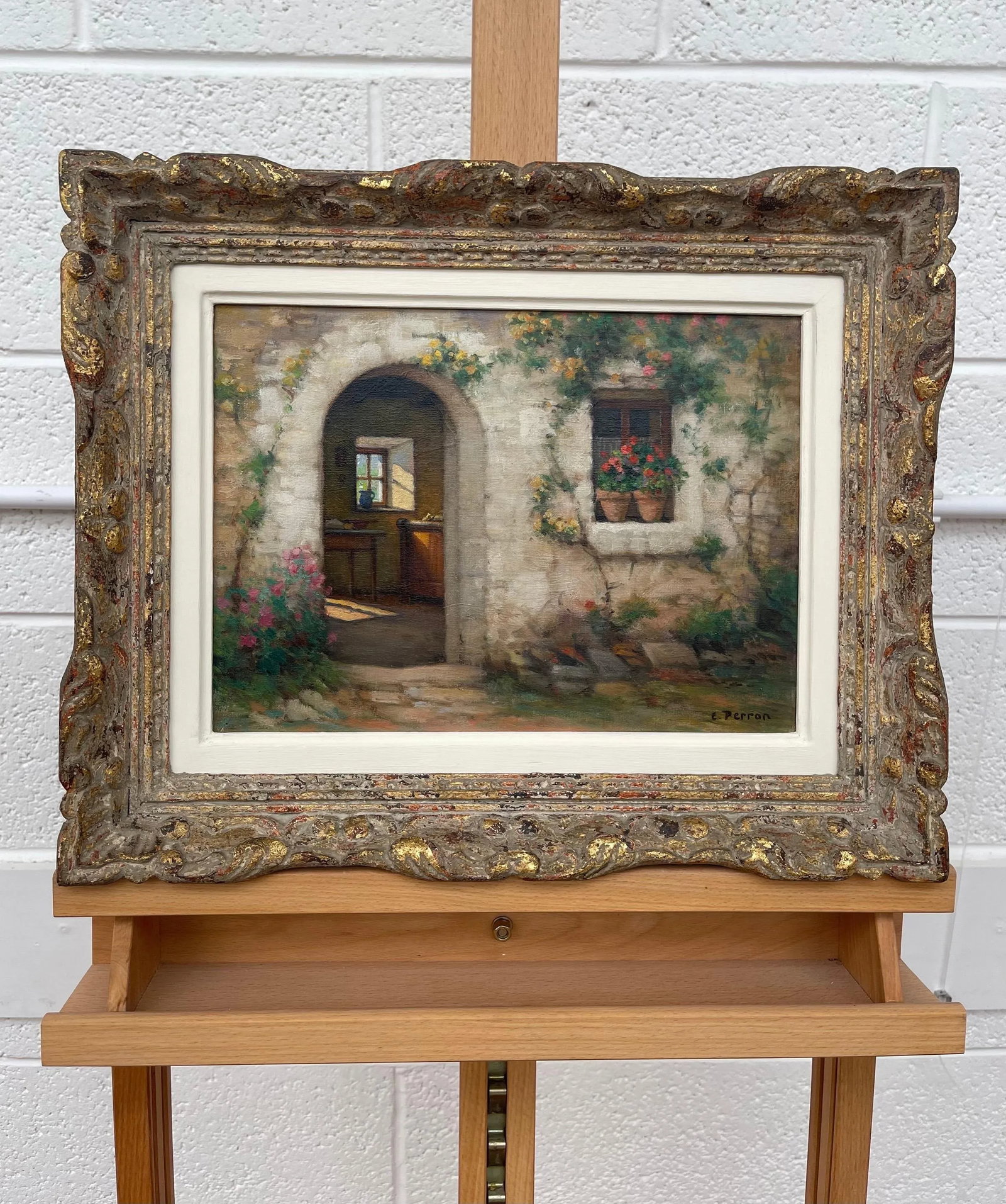 Rare Early 20th Century Realist Oil Painting of Quaint French Stone Cottage Building & Interior in a - 10