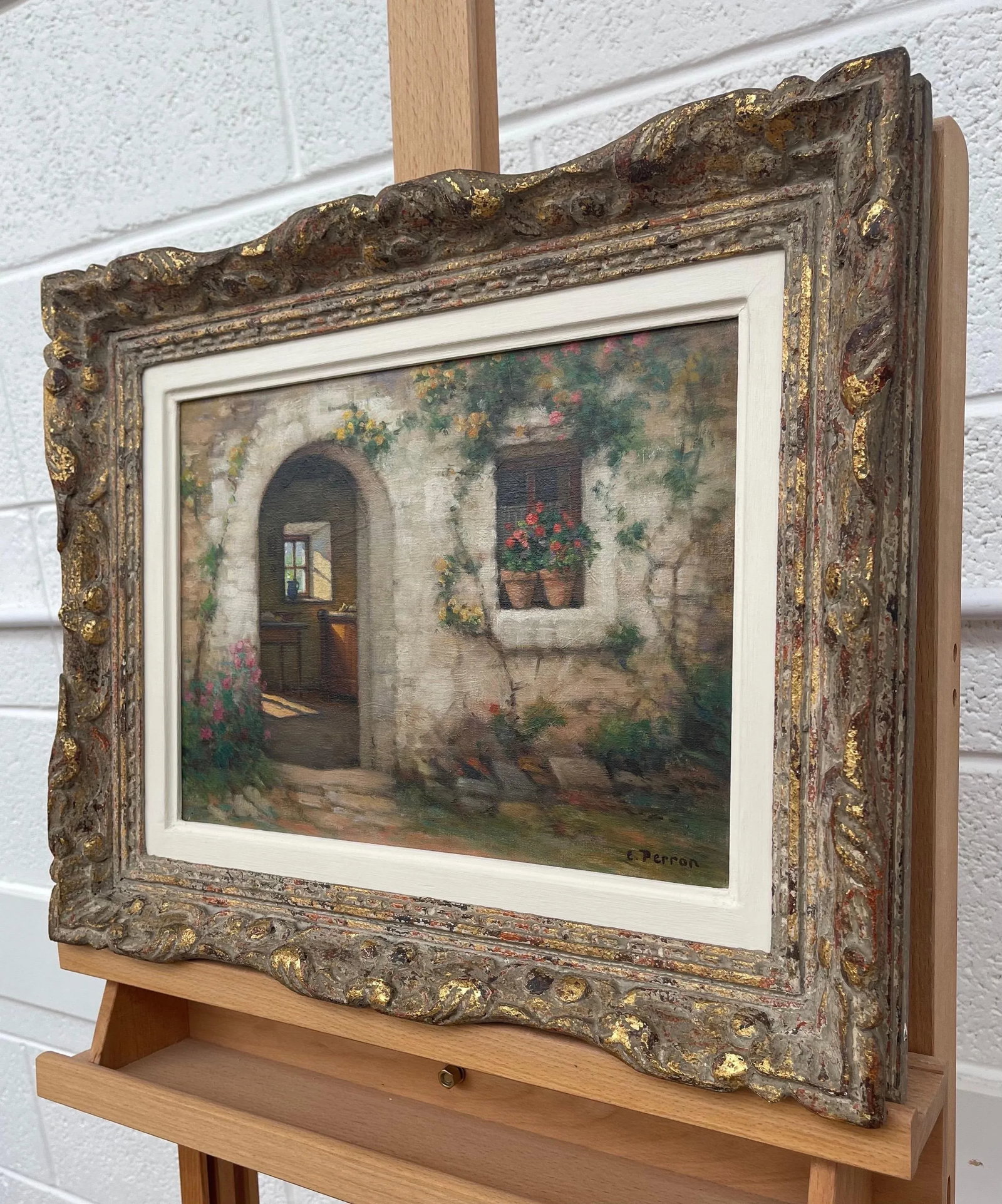 Rare Early 20th Century Realist Oil Painting of Quaint French Stone Cottage Building & Interior in a - 11