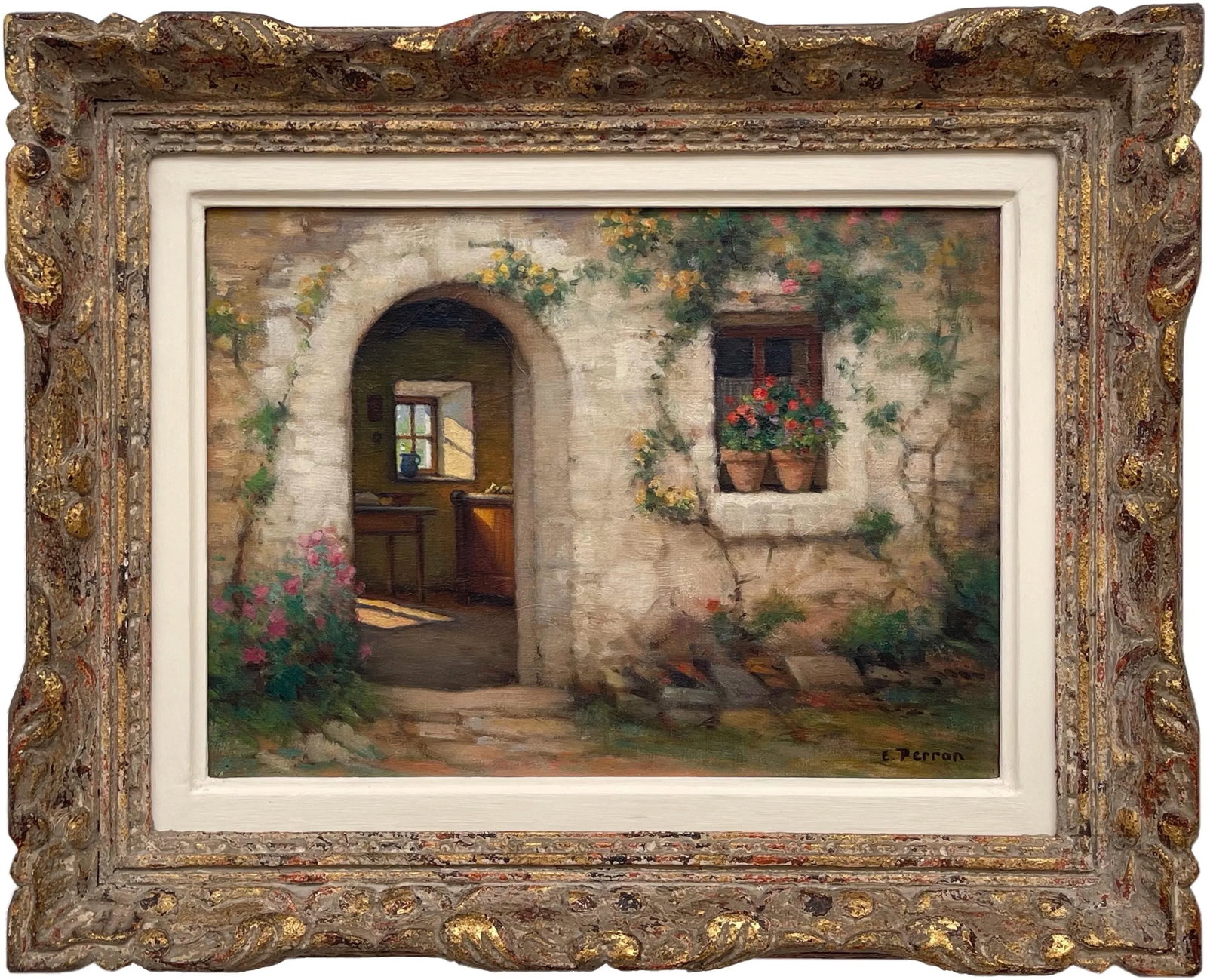 Rare Early 20th Century Realist Oil Painting of Quaint French Stone Cottage Building & Interior in a - 13
