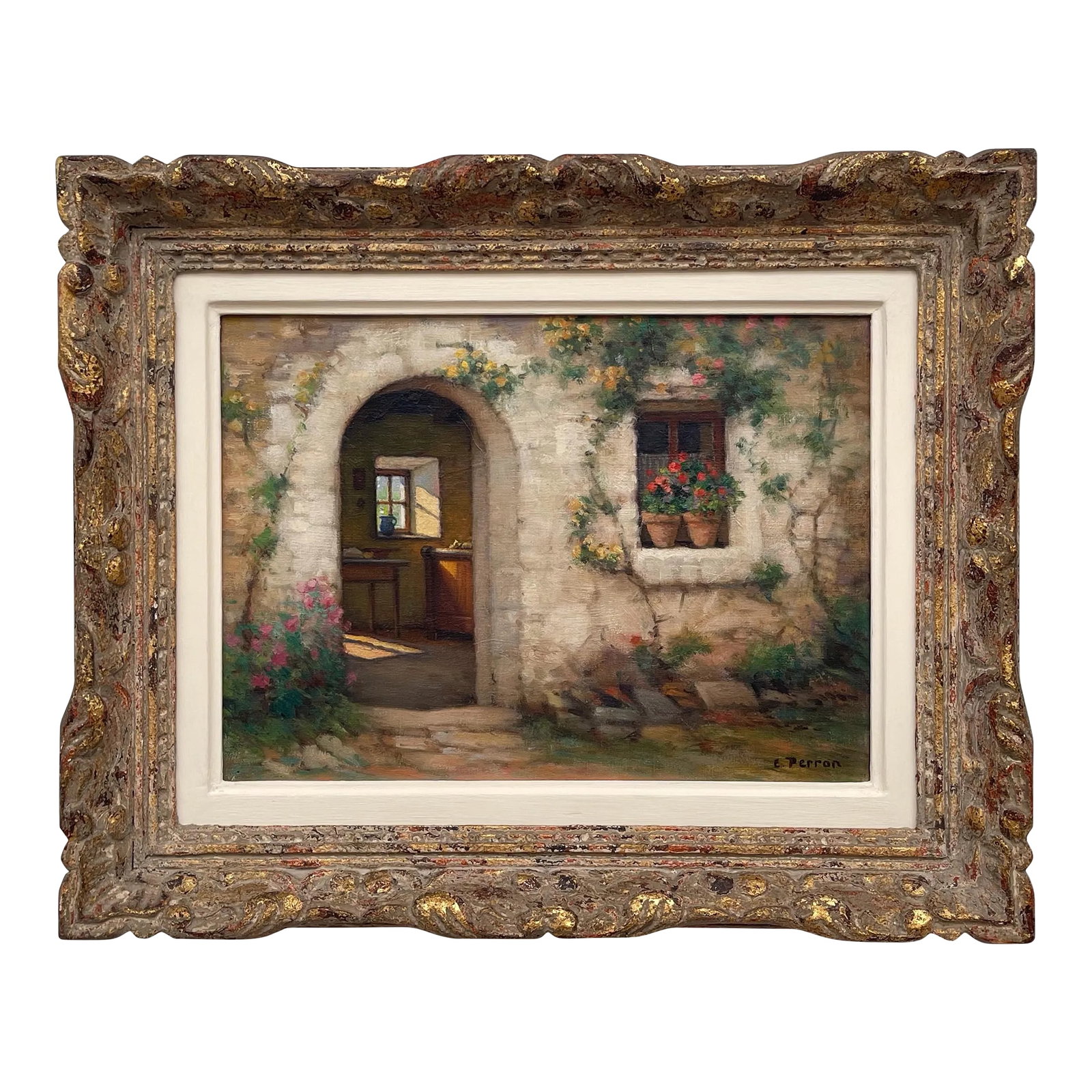Rare Early 20th Century Realist Oil Painting of Quaint French Stone Cottage Building & Interior in a: Early 20th Century Oil of French Stone Building entitled 'Interieur et Exteriuer' by the Award-Winning French Artist, Charles Perron (1893 – 1958). Presented in a beautiful ornate period gold fr