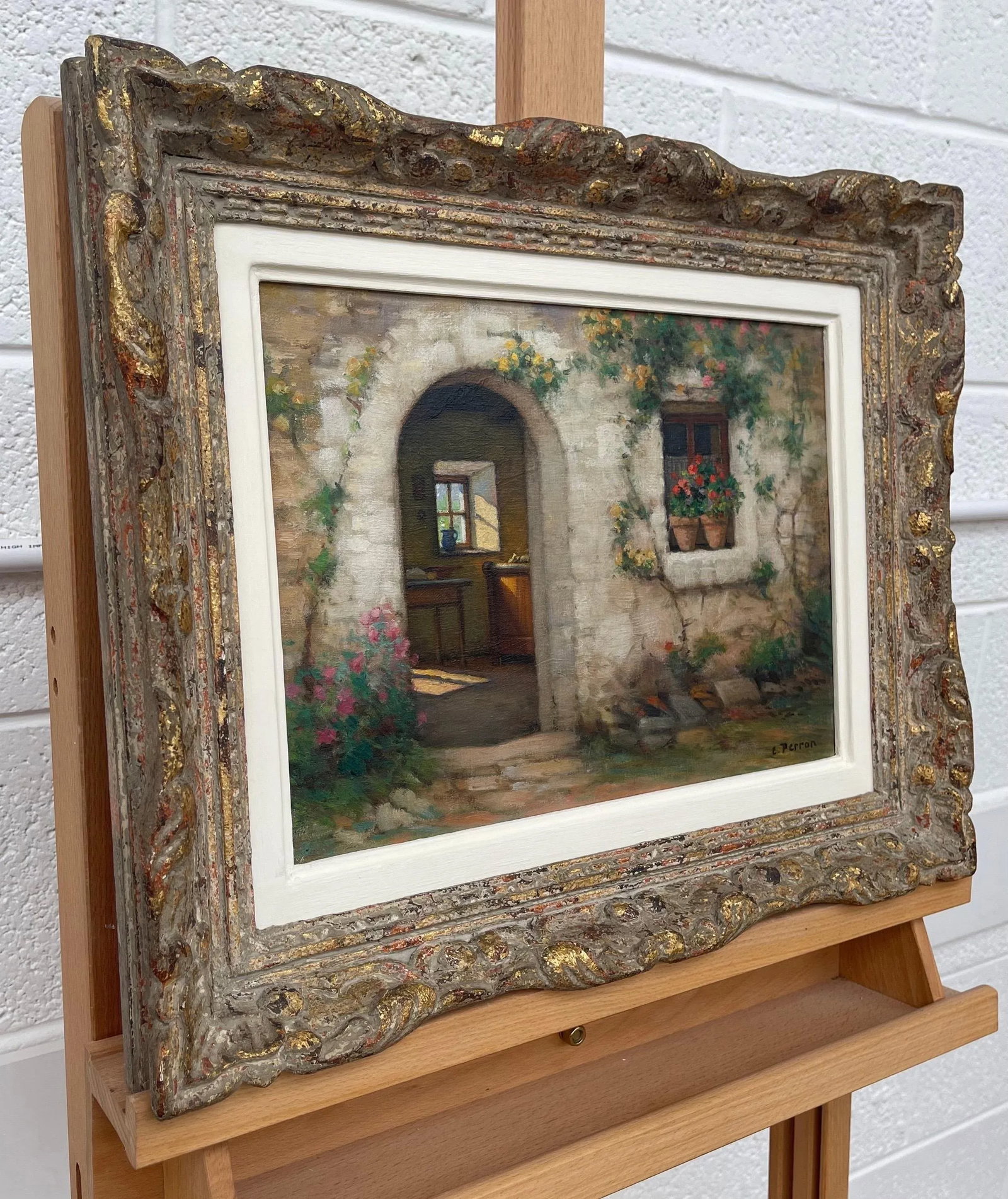 Rare Early 20th Century Realist Oil Painting of Quaint French Stone Cottage Building & Interior in a - 2