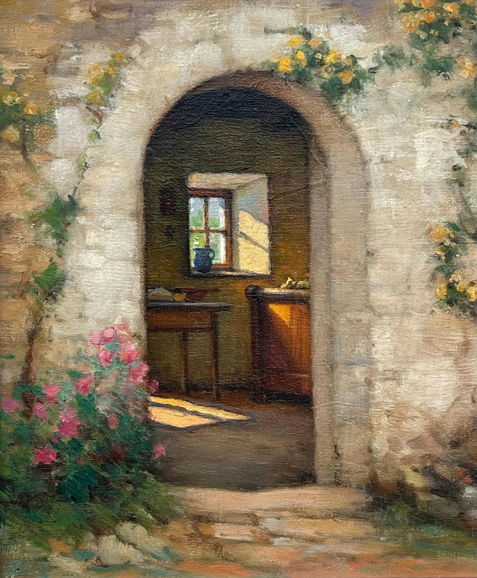 Rare Early 20th Century Realist Oil Painting of Quaint French Stone Cottage Building & Interior in a - 4