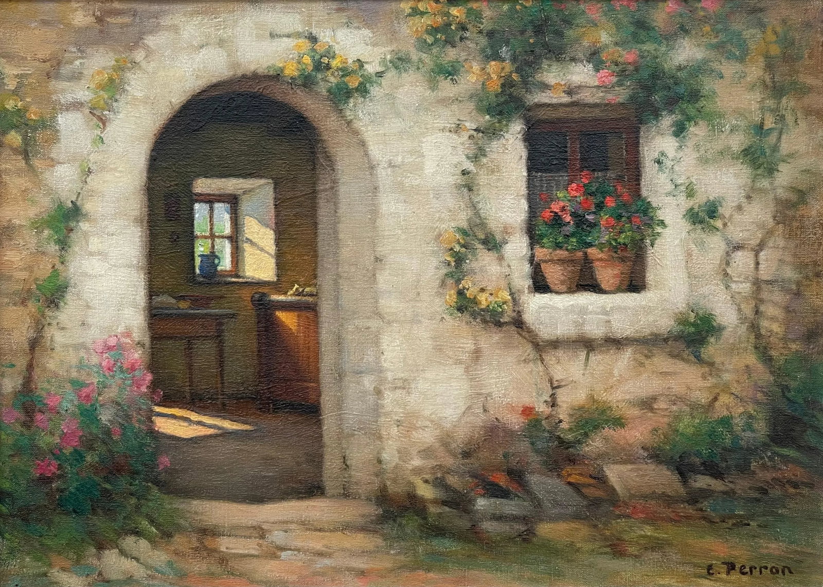 Rare Early 20th Century Realist Oil Painting of Quaint French Stone Cottage Building & Interior in a - 5