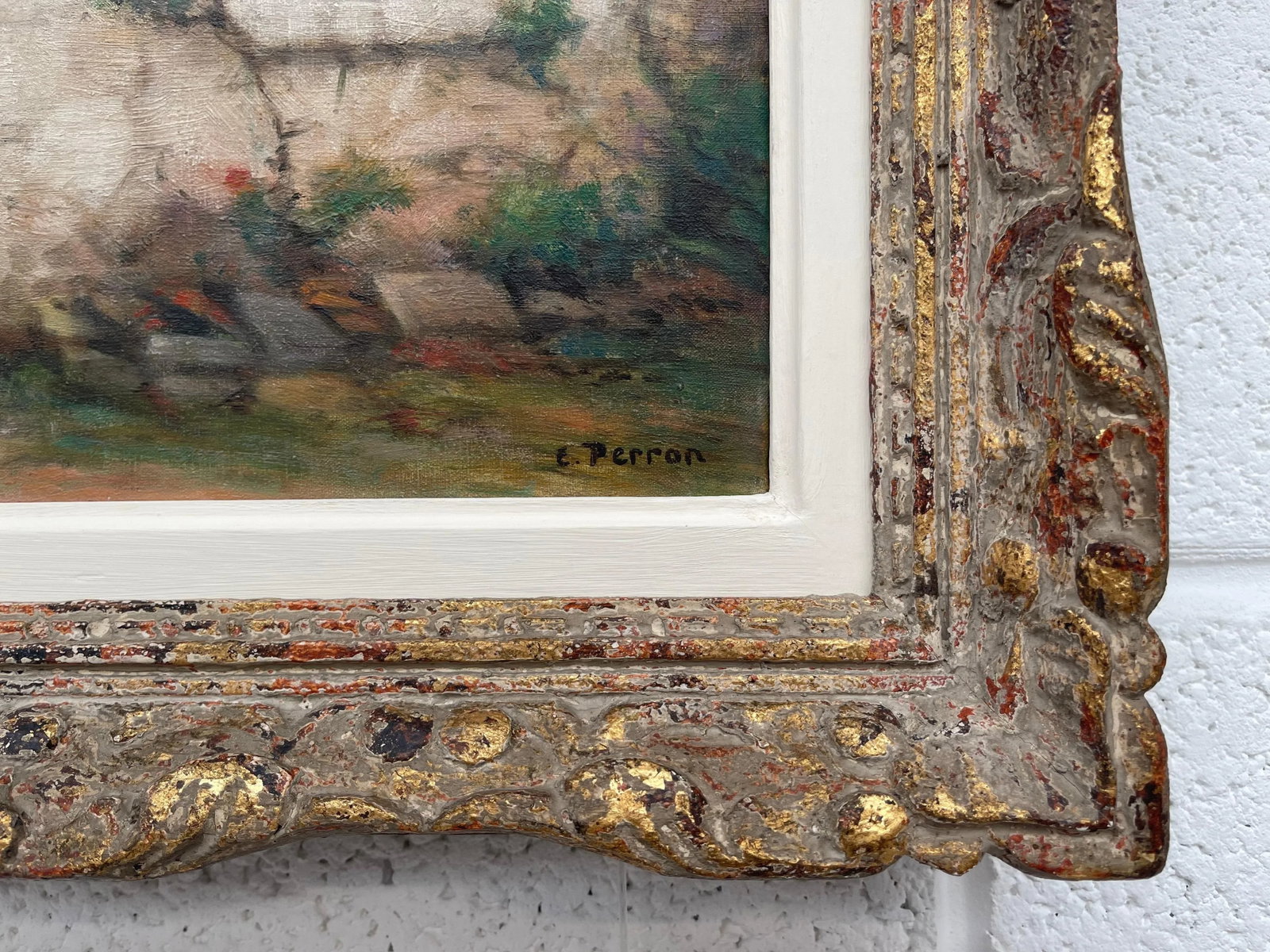 Rare Early 20th Century Realist Oil Painting of Quaint French Stone Cottage Building & Interior in a - 6
