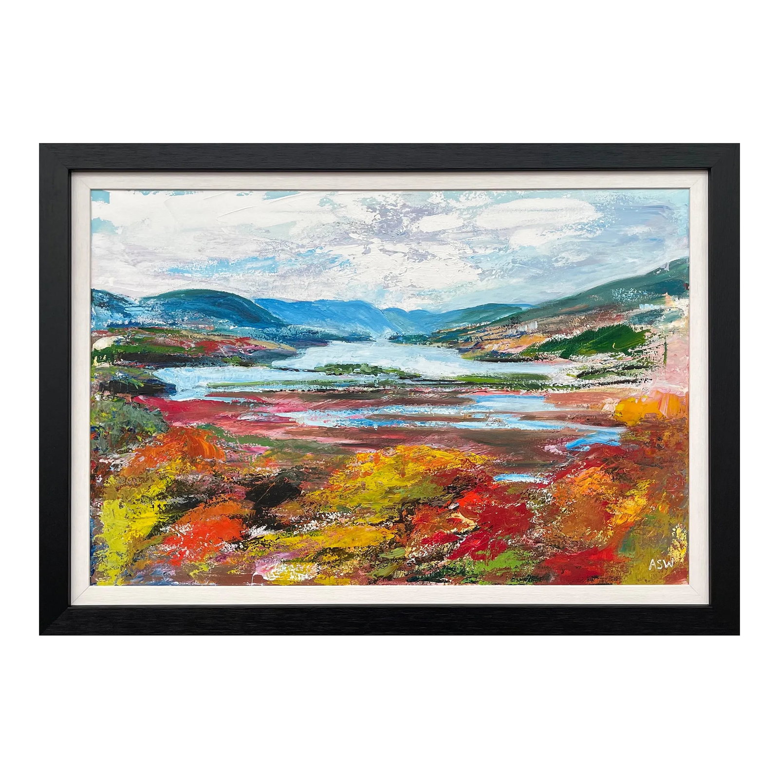 Colourful Abstract Landscape Painting of the Hudson River - Unique Original Art by Contemporary Brit: Colourful Abstract Landscape Painting of the Hudson River by Leading Contemporary British Artist, Angela Wakefield Art measures 30 x 20 inches Frame measure 35 x 25 inches Angela Wakefield has twice b