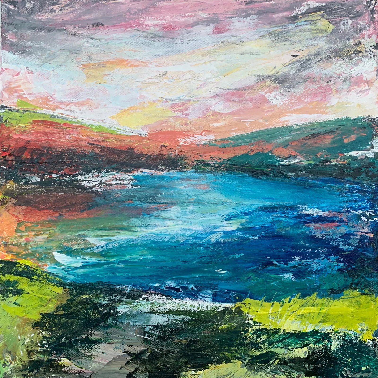 Colourful Abstract River Bank Lakeside Landscape - Unique Original Art by British Urban Landscape Ar - 12