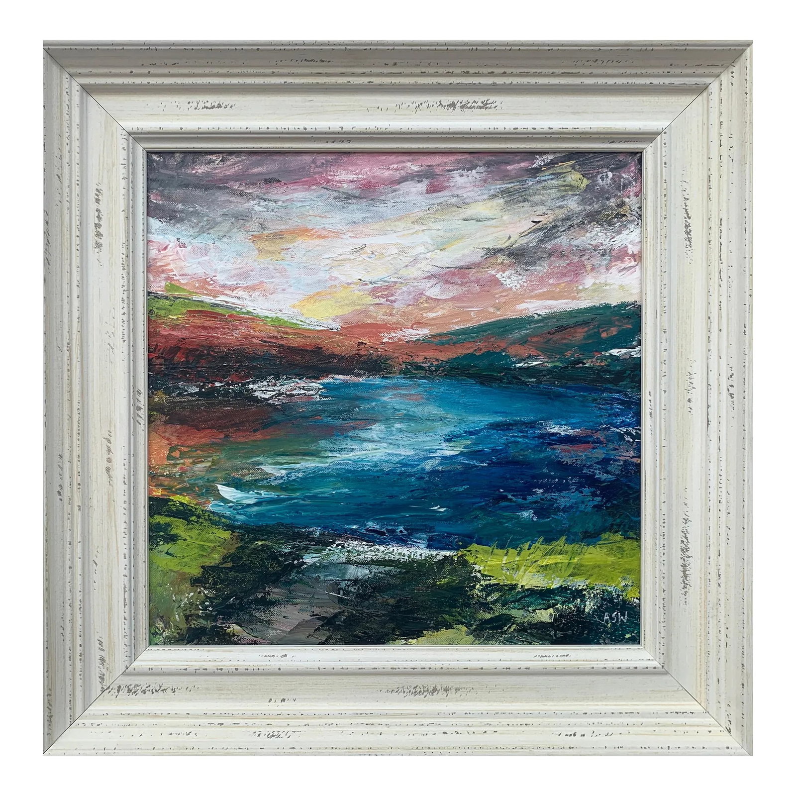 Colourful Abstract River Bank Lakeside Landscape - Unique Original Art by British Urban Landscape Ar: Colourful Expressive Abstract River Bank Lakeside Landscape Scene by Contemporary British Artist, Angela Wakefield Art measures 16 x 16 inches Frame measures 21 x 21 inches Angela Wakefield has twice 