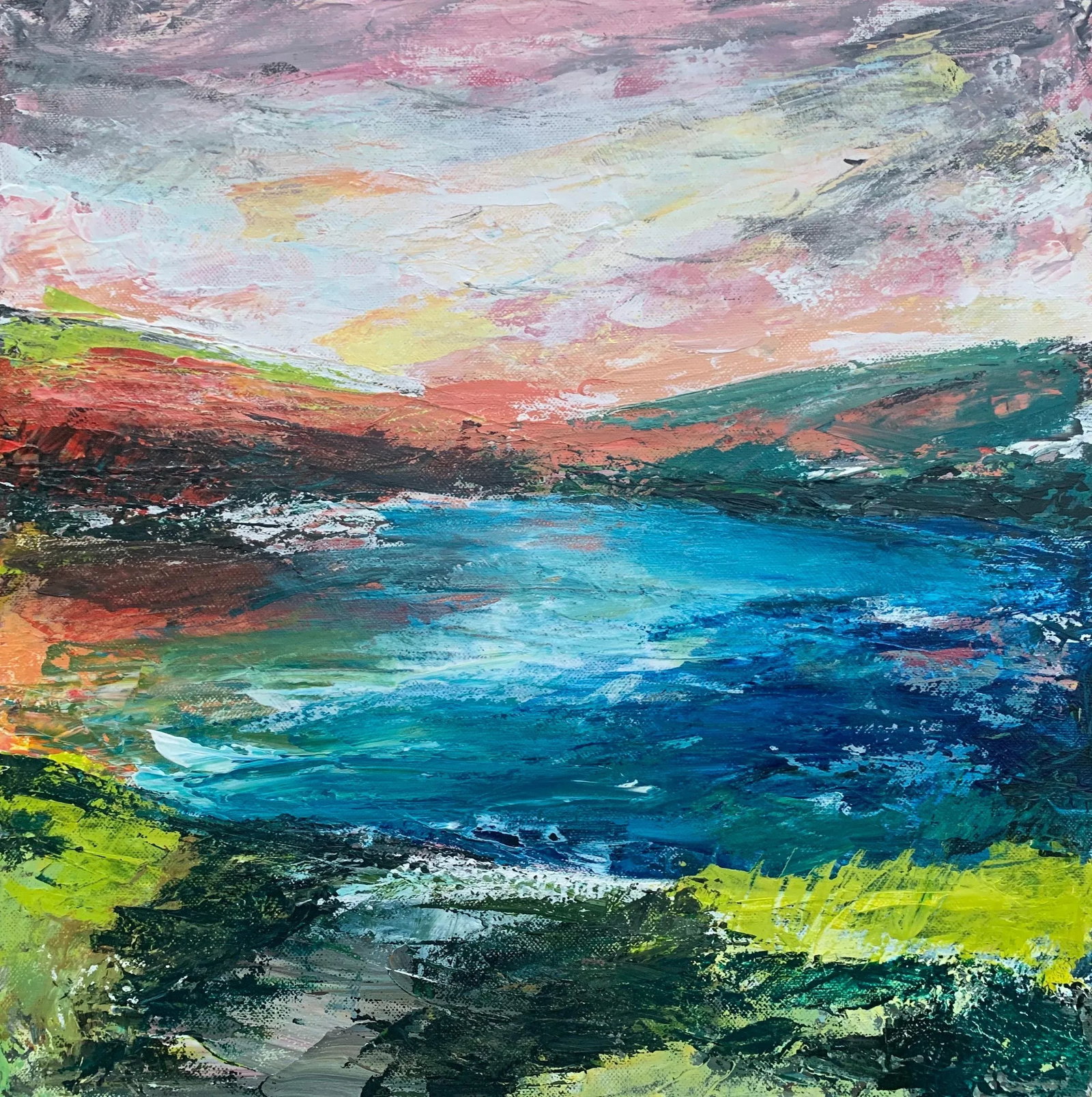 Colourful Abstract River Bank Lakeside Landscape - Unique Original Art by British Urban Landscape Ar - 6