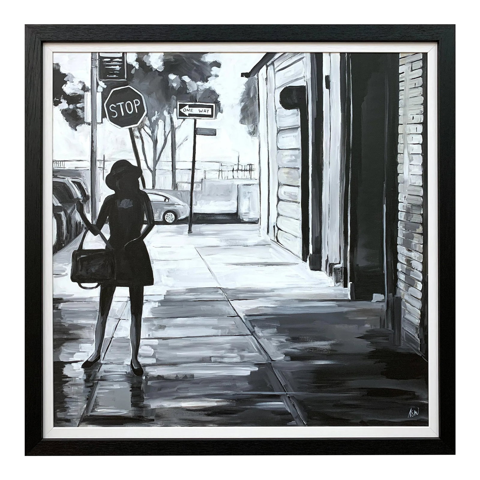 Black & White Female Figure Manhattan Woman in New York by British Urban Artist: A gritty, black & white urban landscape street scene of a woman in Manhattan, New York by leading British Artist, Angela Wakefield. Art measures 36 x 36 inches Frame measures 41 x 41 inches Angela