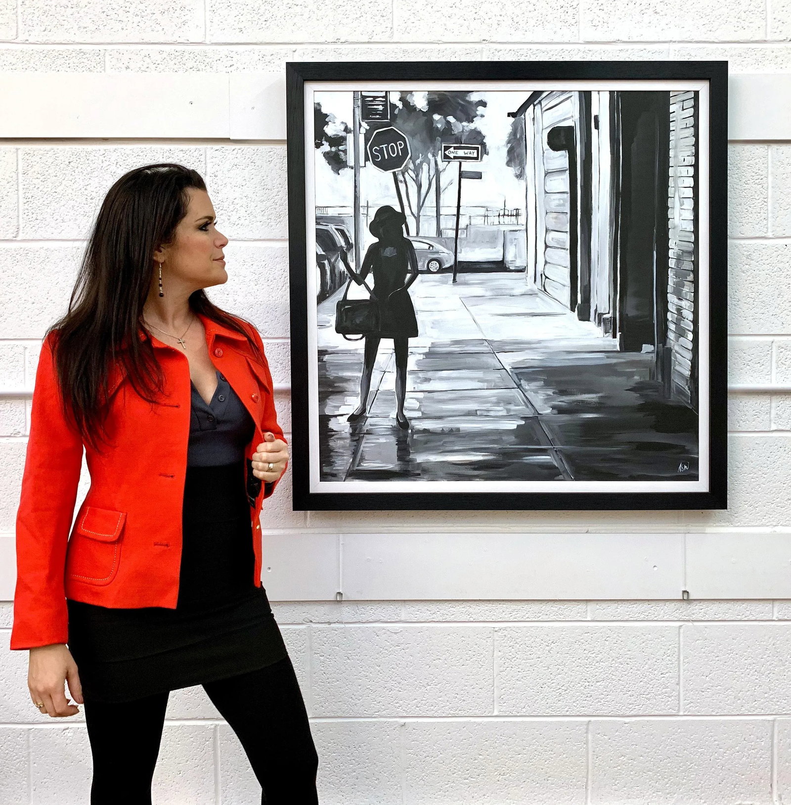 Black & White Female Figure Manhattan Woman in New York by British Urban Artist - 2