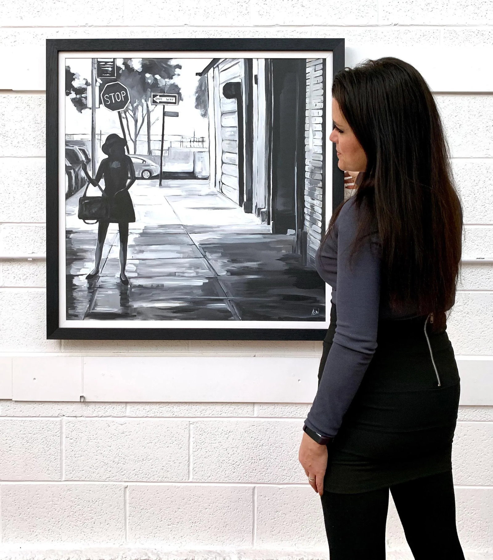 Black & White Female Figure Manhattan Woman in New York by British Urban Artist - 3