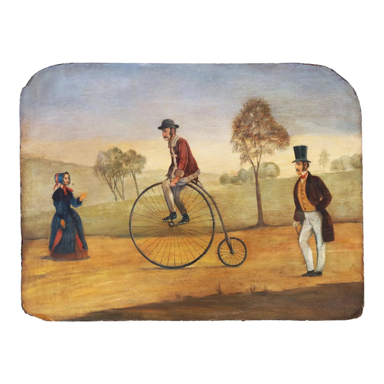 Antique American Oil Painting of a High Wheeler, Advertising Penny Farthing: Oil on board painting depicting a man on a high wheel bicycle, also known as Penny-farthing, with companion. Naive art style. Handwritten inscription The New Times And The Morning Herals 1-3.