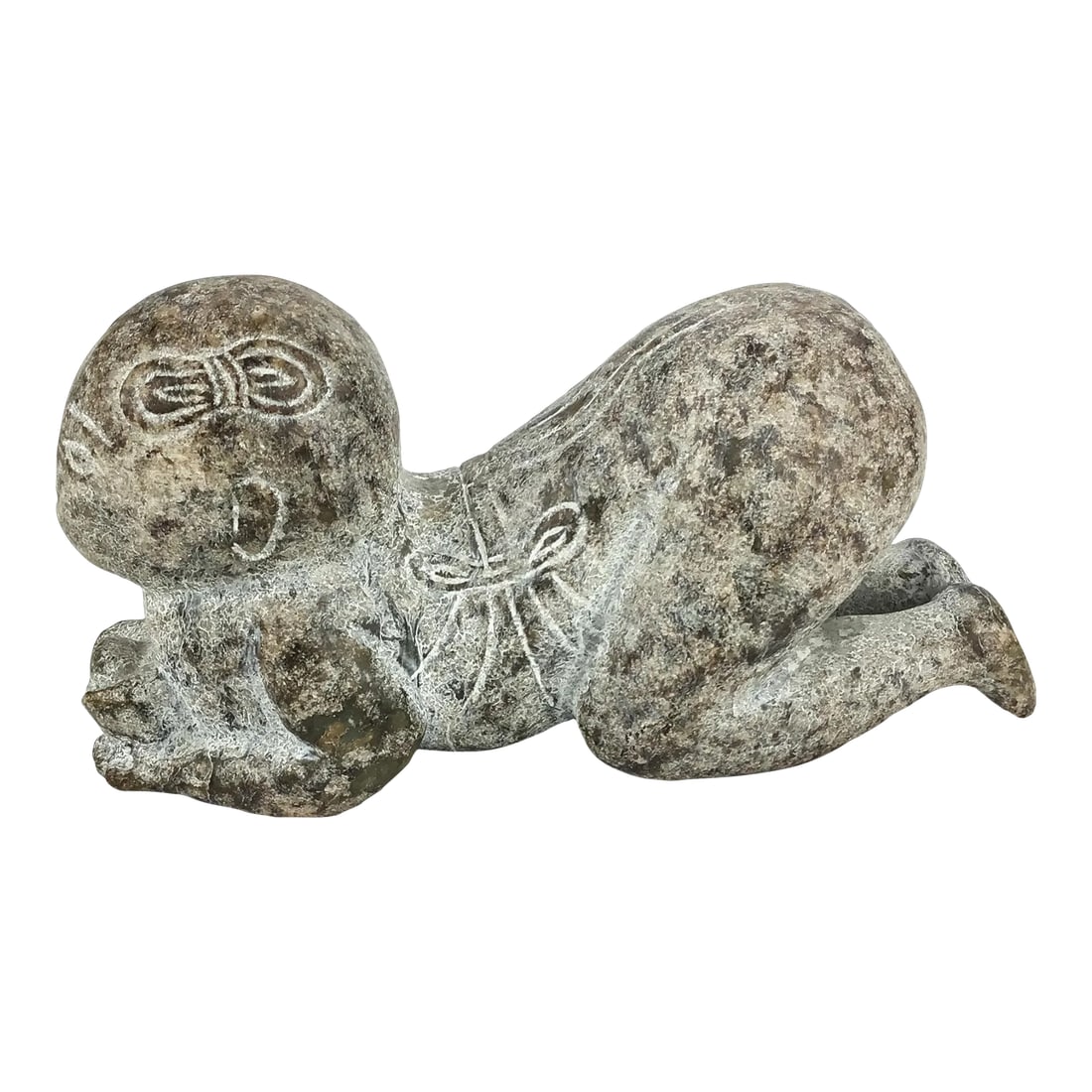 Hand Carved Antique Stone Sculpture: An early 1900's stone sculpture carved into a child striking a pose of abundance and gratitude. Asian mythology is at its best here. Colors are rich yet soft. This beauty looks gorgeous no matter how 