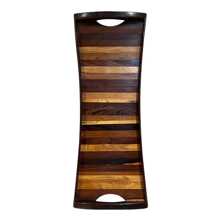 1970s Long Service Tray Layered Wood Don Shoemaker SeÃ±al Mexico: AMBIANIC presents 1970s Layered Exotic Wood Stripe Tapered Long Service Tray by Don Shoemaker for SeÃ±al Mexico Hecho en Mexico 1.75 tall x 21.75 d x 8.25 w Retains label on the back.