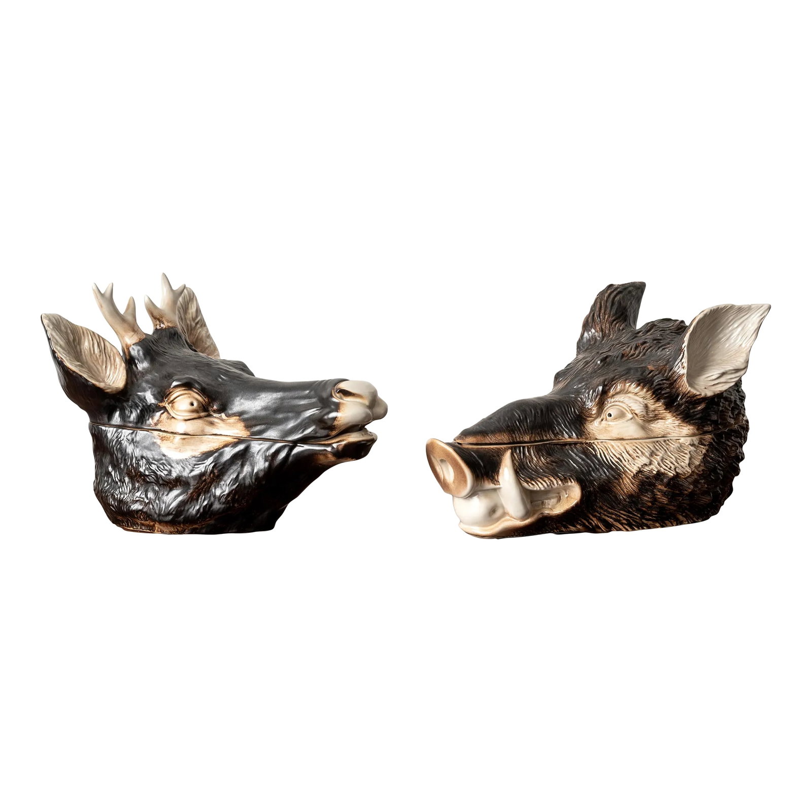 Italian Boar and Stag Majolica Tureens: A pair of Italian majolica boar and stag head tureens, mid 20th century. 16 Â½ inches wide by 11 inches deep by 10 inches tall Excellent condition. Condition: Alterations: Original Condition