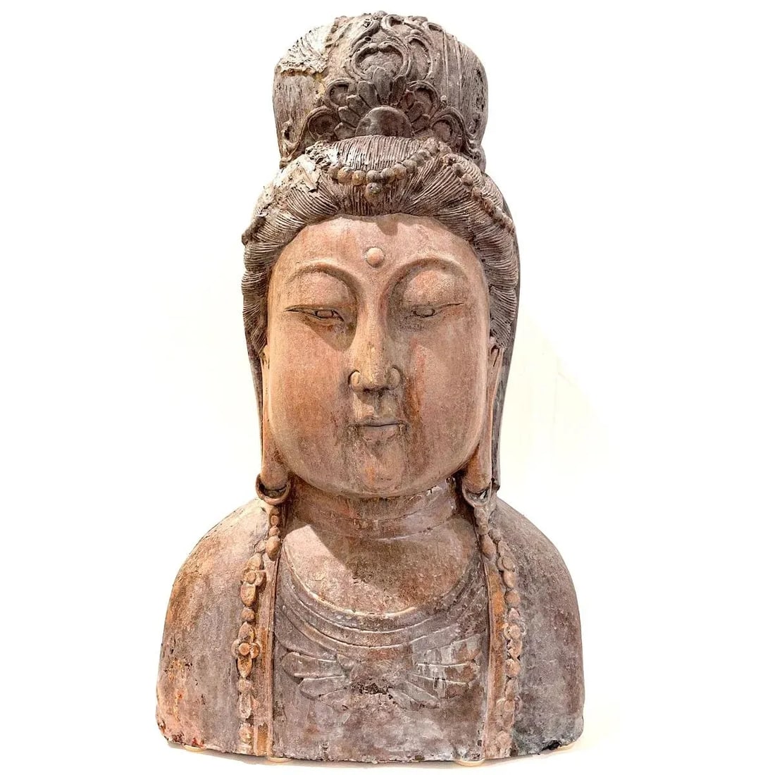 Antique Guan Yin Carved Buddha Bust - Monumental - 13