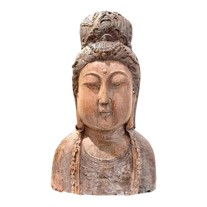 Antique Guan Yin Carved Buddha Bust - Monumental: Standing at 30" tall - this antique is a monumental homage to Guanyin - the Chinese goddess of mercy. Carved wood (hollowed out interior) with painted gesso overlay. Measures 30" tall x 18" wide x 9" 