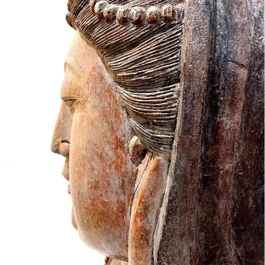 Antique Guan Yin Carved Buddha Bust - Monumental - 9