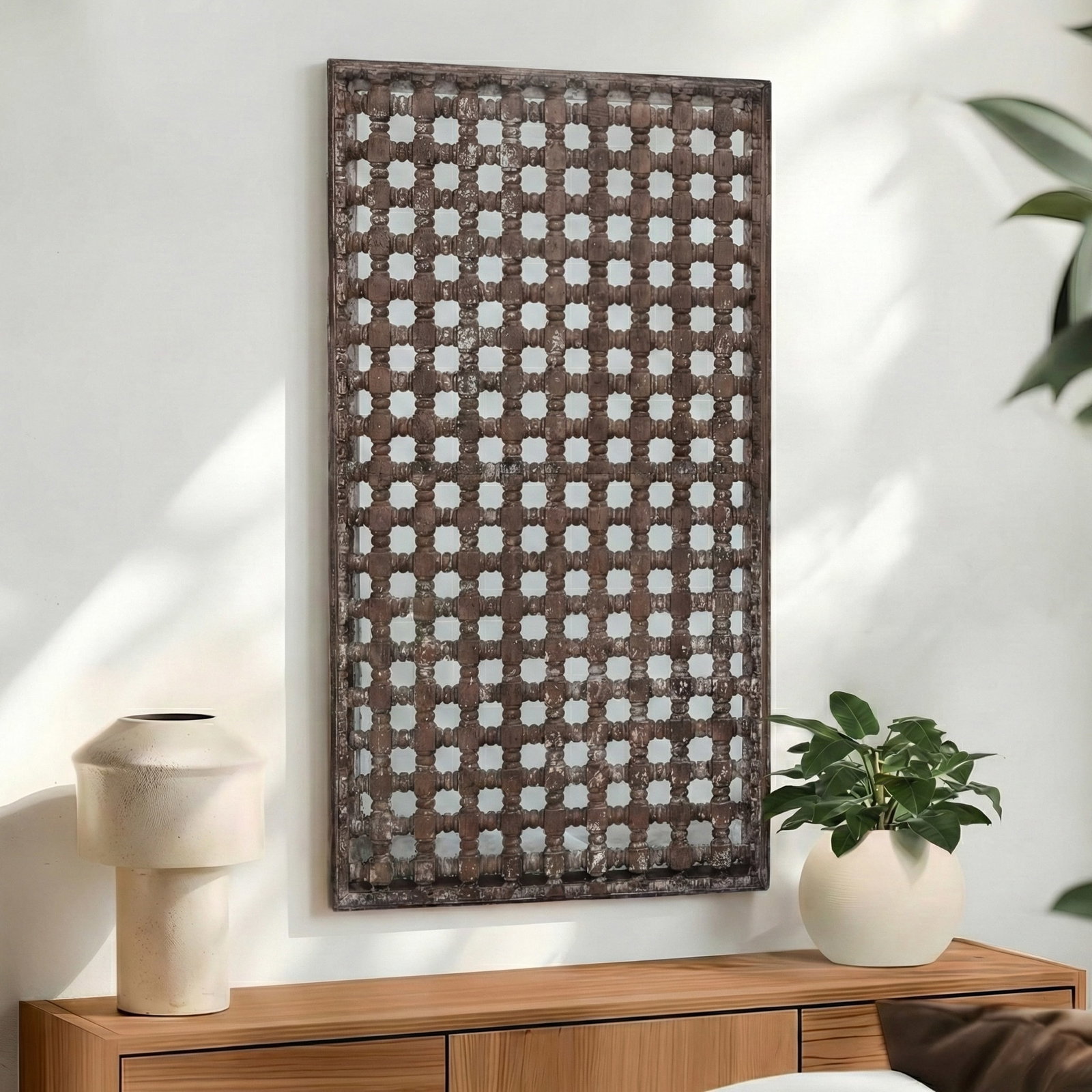 Vintage Hand Carved Lattice 31" X 56" Wood Wall Hanging - 5