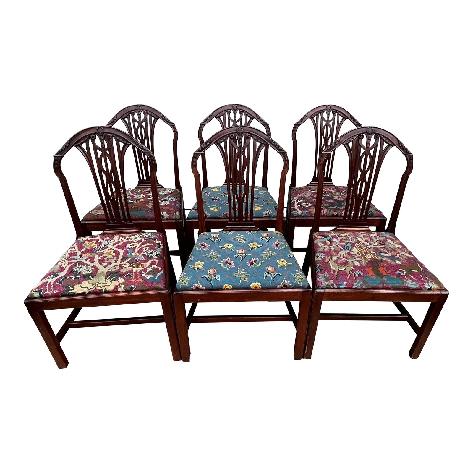 Circa 1790s English George III Carved Mahogany Hepplewhite Dining Chairs- Set of 6: A Very Fine Set of 6 English George III Carved Mahogany Hepplewhite Dining Chairs, Circa 1790's England, Circa 1790's Mahogany chairs with beechwood seat frames. Carved mahogany racquet style backs