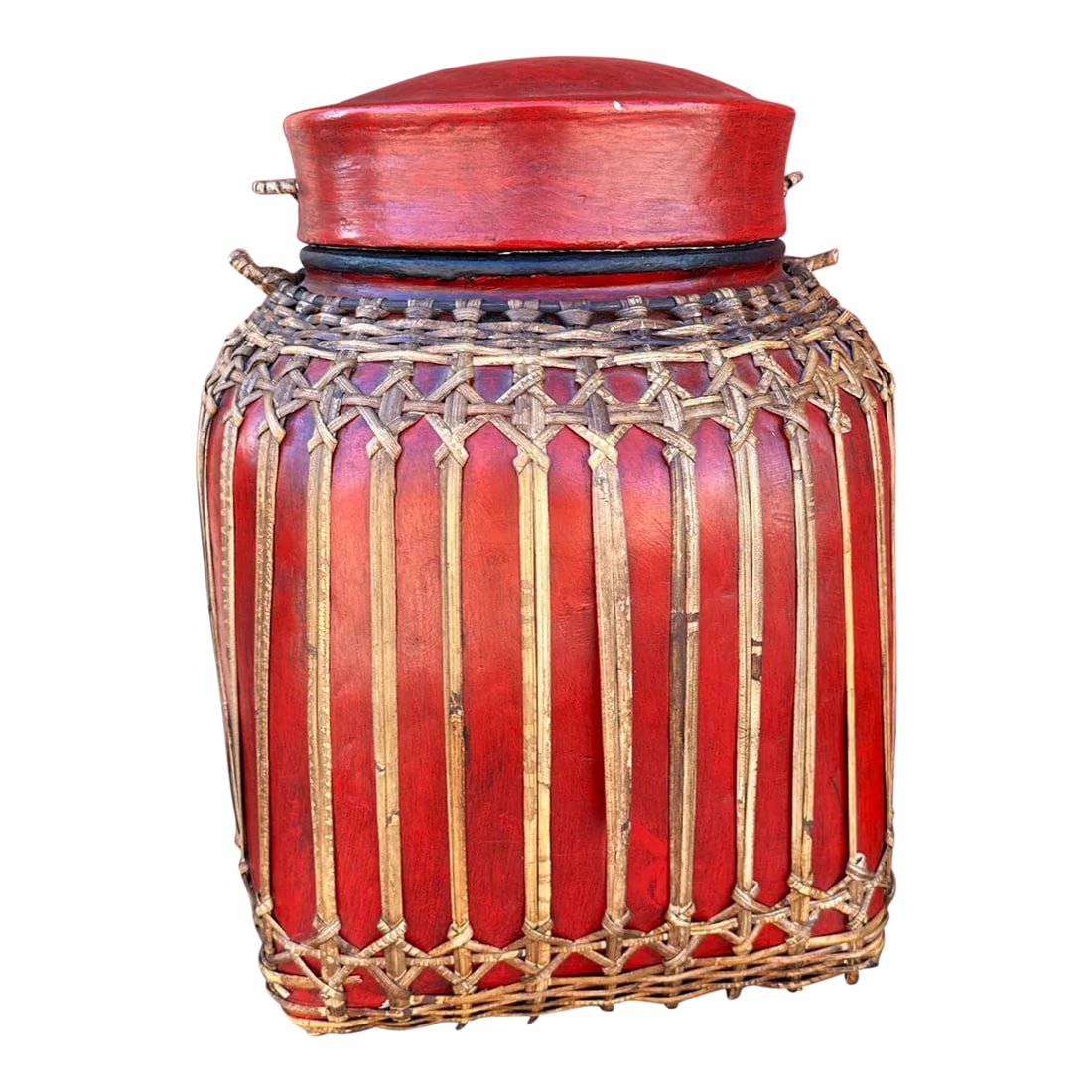 Antique Asian/Thai Red Rice Basket W/Lid: Beautiful Antique Asian Rice Box in a rich Red and woven bamboo is used to create stunning decorative containers. Traditionally used in South East Asian homes to store rice. They are also ideal as