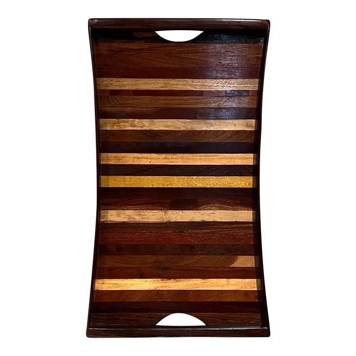 Don S. Shoemaker Service Tray, Exotic Woods, SeÃ±al, Mexico, 1970s: For your consideration, a service tray by Don Shoemaker produced by SeÃ±al in Mexico 1970s rich medley of exotic woods. Cut out handle design for easy carry. Discreet mounting hardware is