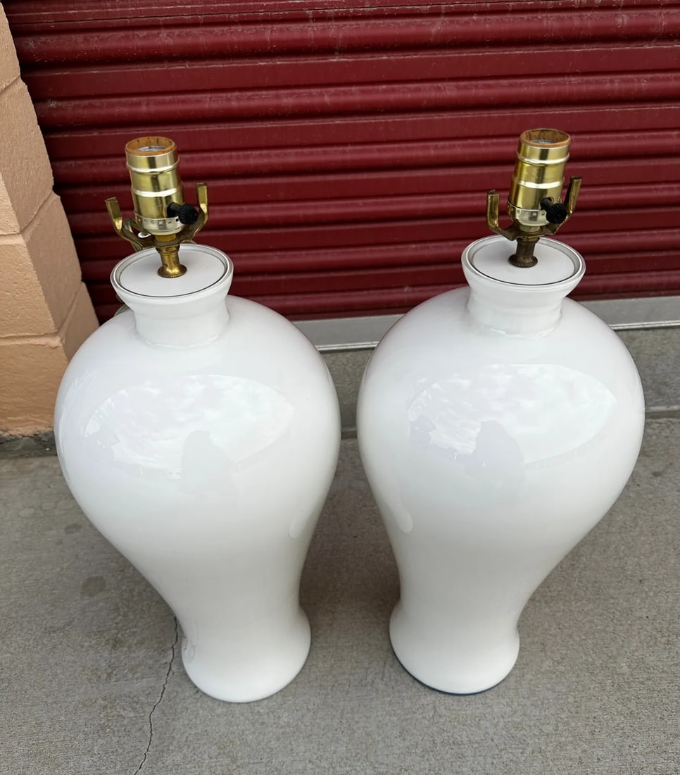 Pair of Urn Style White Glass Table Lamps - 2
