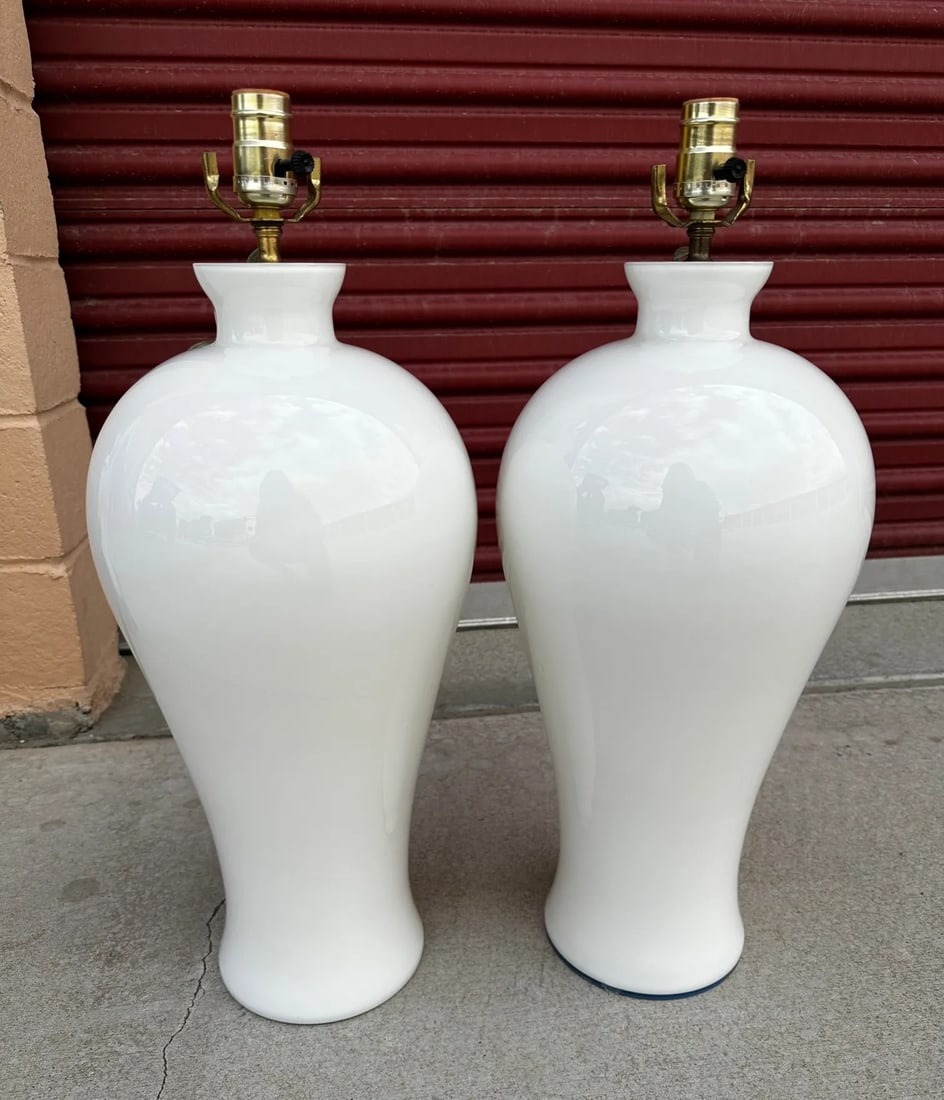 Pair of Urn Style White Glass Table Lamps - 7