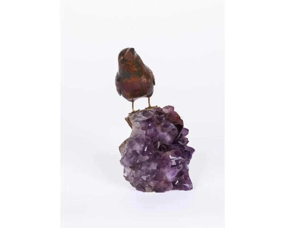 Late 20th Century 14k Gold, Carved Jasper Bird on an Amethyst Rock Geode - 4