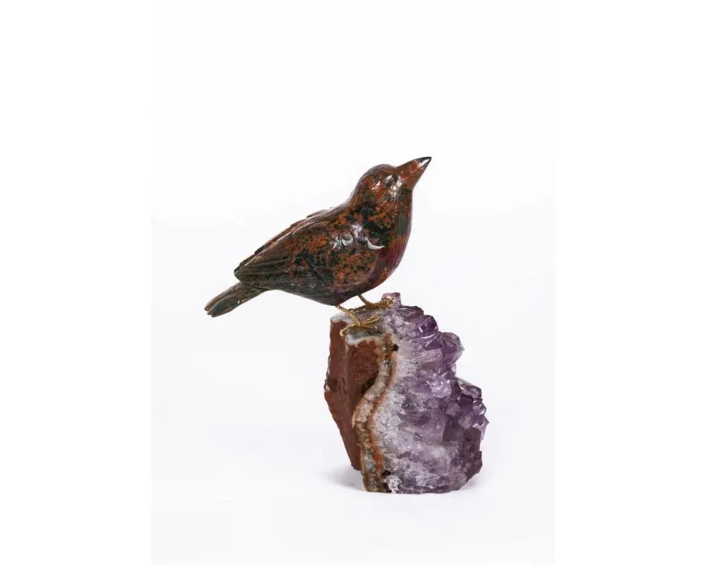 Late 20th Century 14k Gold, Carved Jasper Bird on an Amethyst Rock Geode - 5