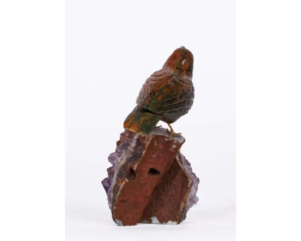 Late 20th Century 14k Gold, Carved Jasper Bird on an Amethyst Rock Geode - 6