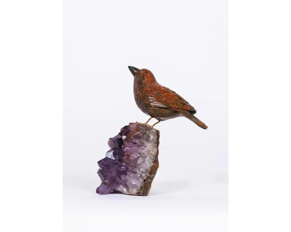 Late 20th Century 14k Gold, Carved Jasper Bird on an Amethyst Rock Geode - 8