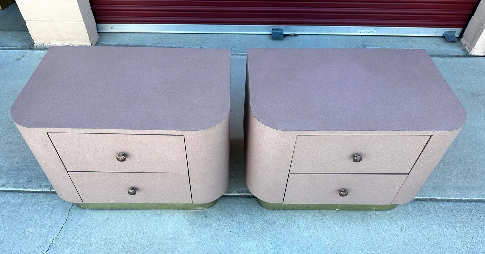 Vintage Postmodern Waterfall Front Mauve/Brass 2 Drawer Nightstands-a Pair - 2