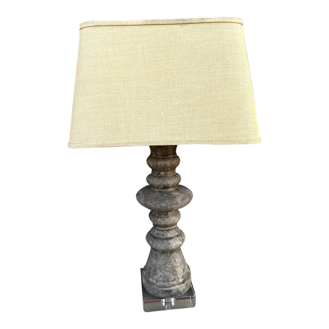 Restoration Hardware Style Faux Stone Table Lamp W/Shade: Faux Stone Table Lamp with Lucite Base. Burlap shade that makes this Farmhouse chic. Change the shade to black for a more dramatic look, or even paint it. Thick lucite base which makes it heavy. Lamp