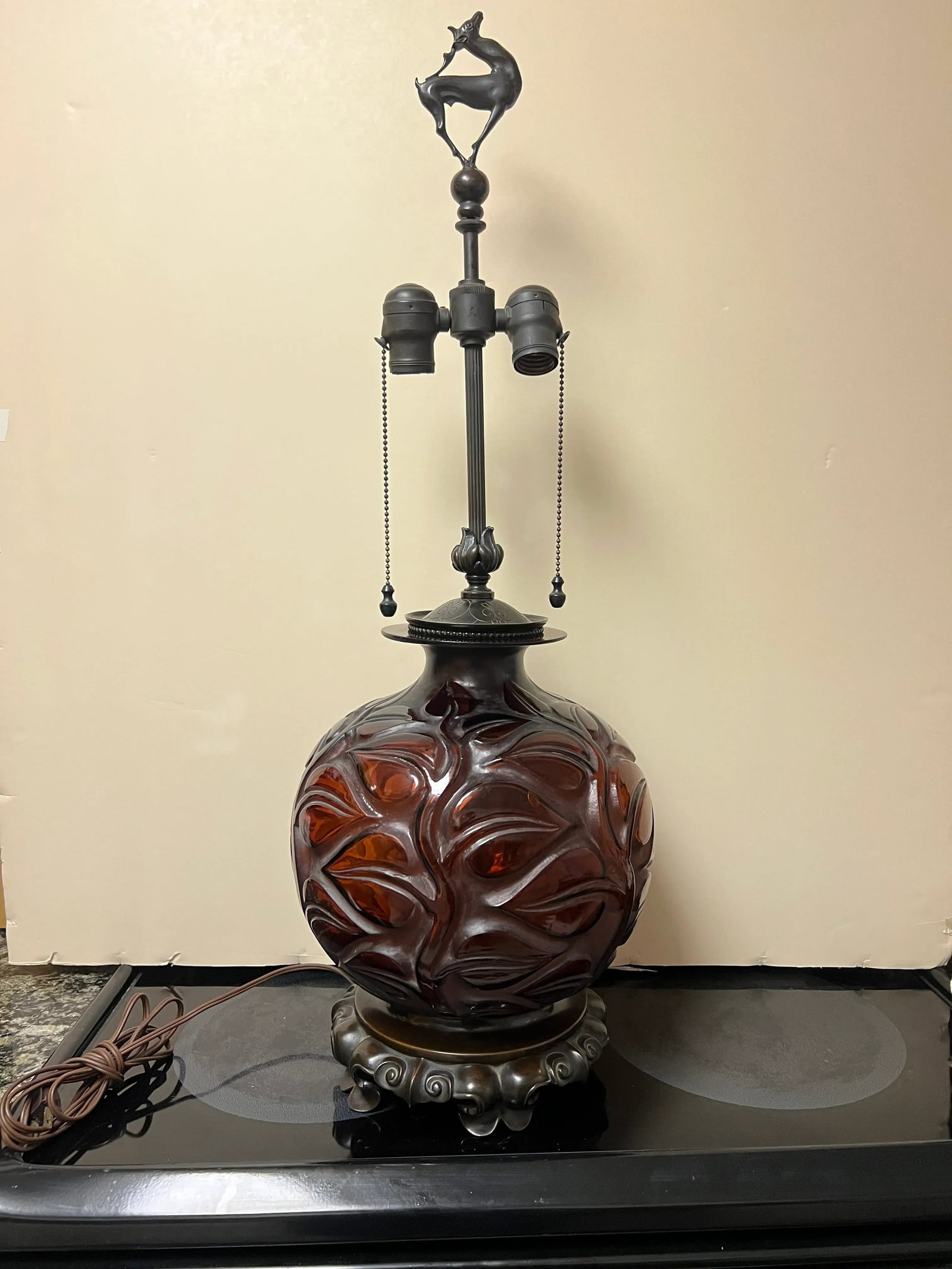Rene Lalique "Sophora" Amber Glass & Bronze Mounted Table Lamp Circa 1926 - 13