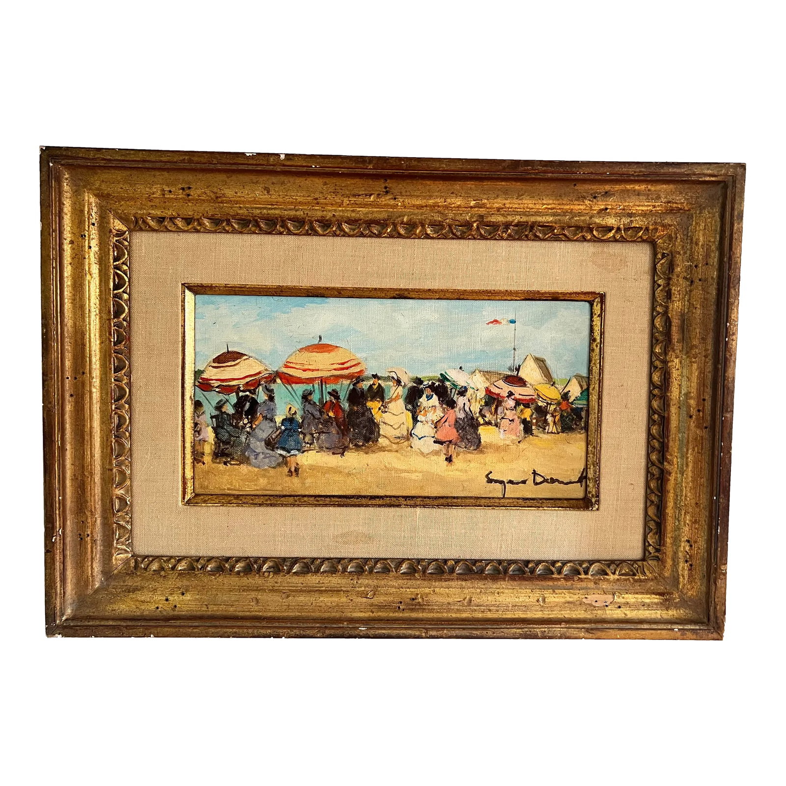 1940s Suzanne Demarest French Oil Painting on Canvas Beach Scene With Umbrellas and Flag (1 of 11)
