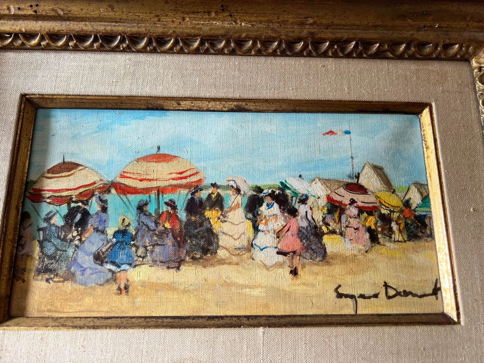 1940s Suzanne Demarest French Oil Painting on Canvas Beach Scene With Umbrellas and Flag - 2