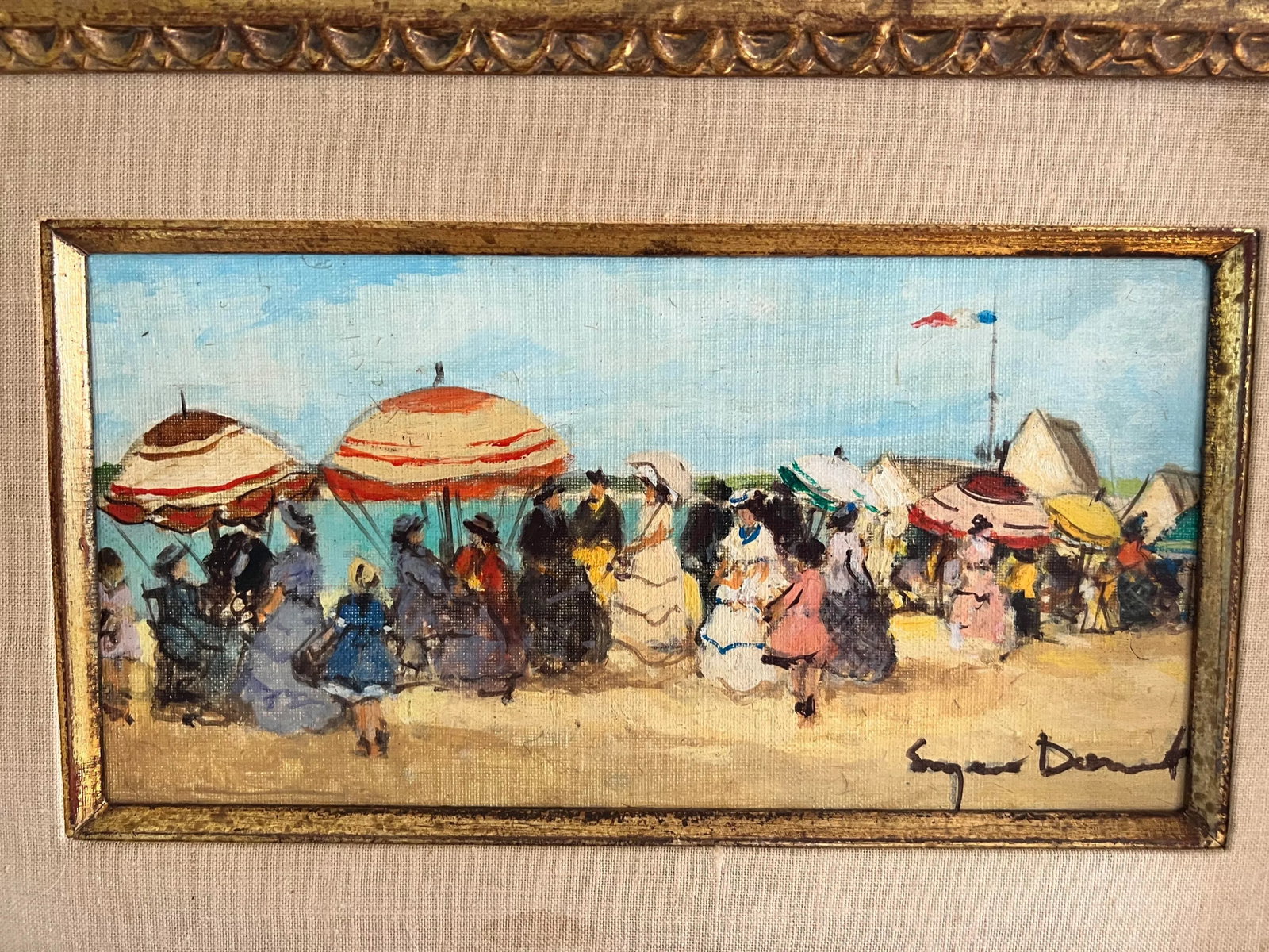 1940s Suzanne Demarest French Oil Painting on Canvas Beach Scene With Umbrellas and Flag - 3
