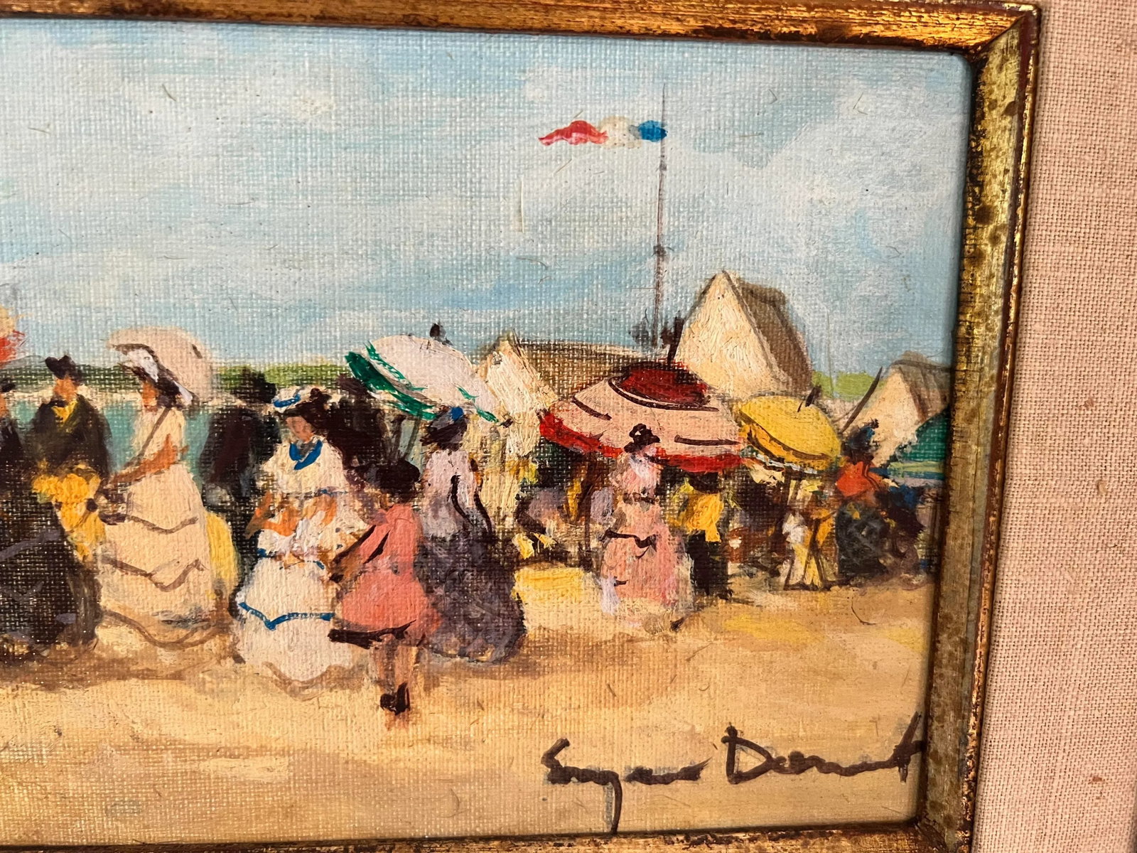 1940s Suzanne Demarest French Oil Painting on Canvas Beach Scene With Umbrellas and Flag - 4