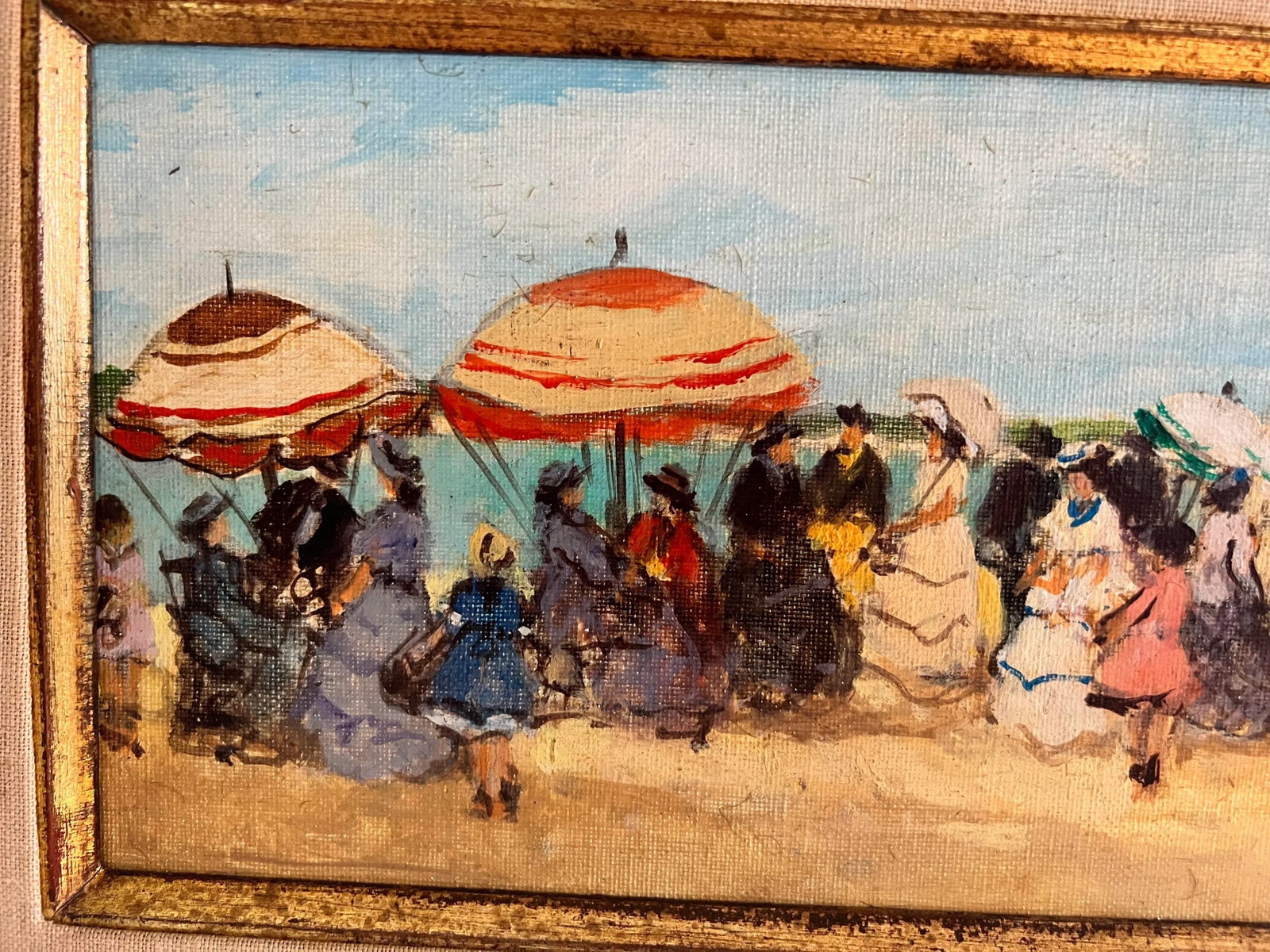 1940s Suzanne Demarest French Oil Painting on Canvas Beach Scene With Umbrellas and Flag - 5
