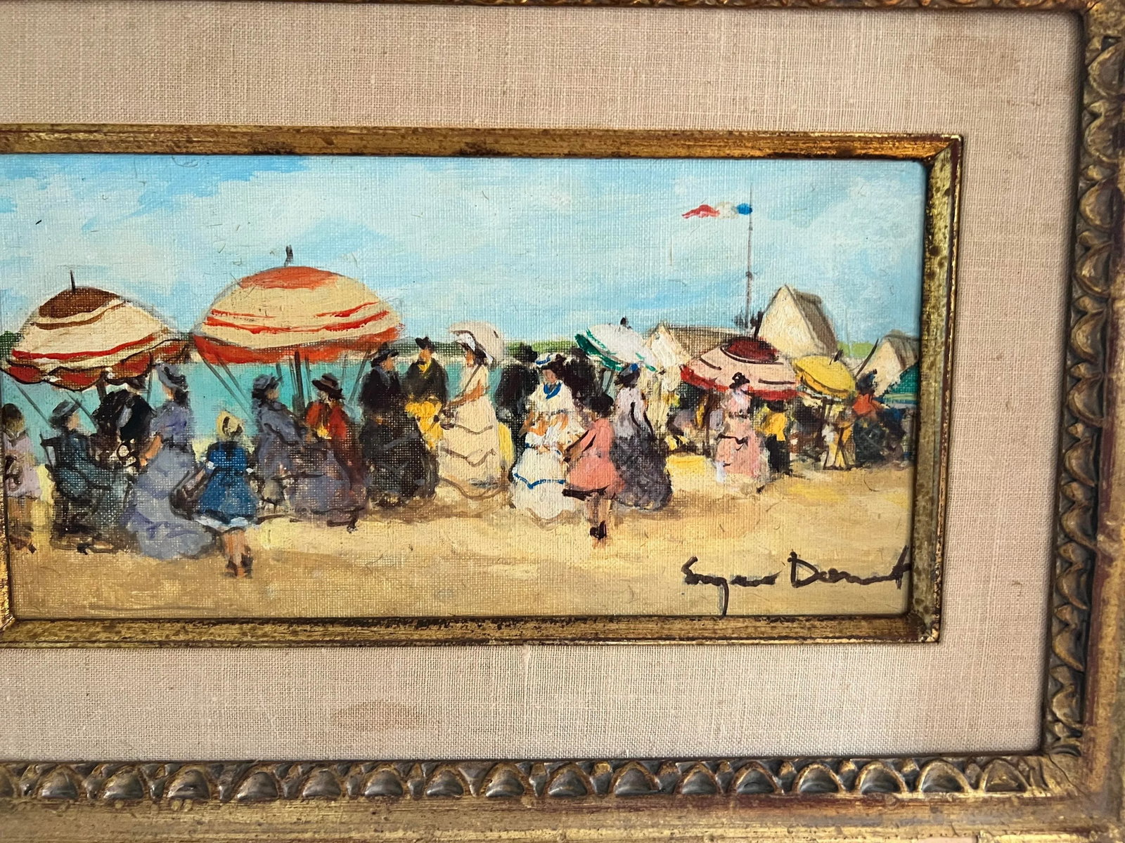 1940s Suzanne Demarest French Oil Painting on Canvas Beach Scene With Umbrellas and Flag - 6