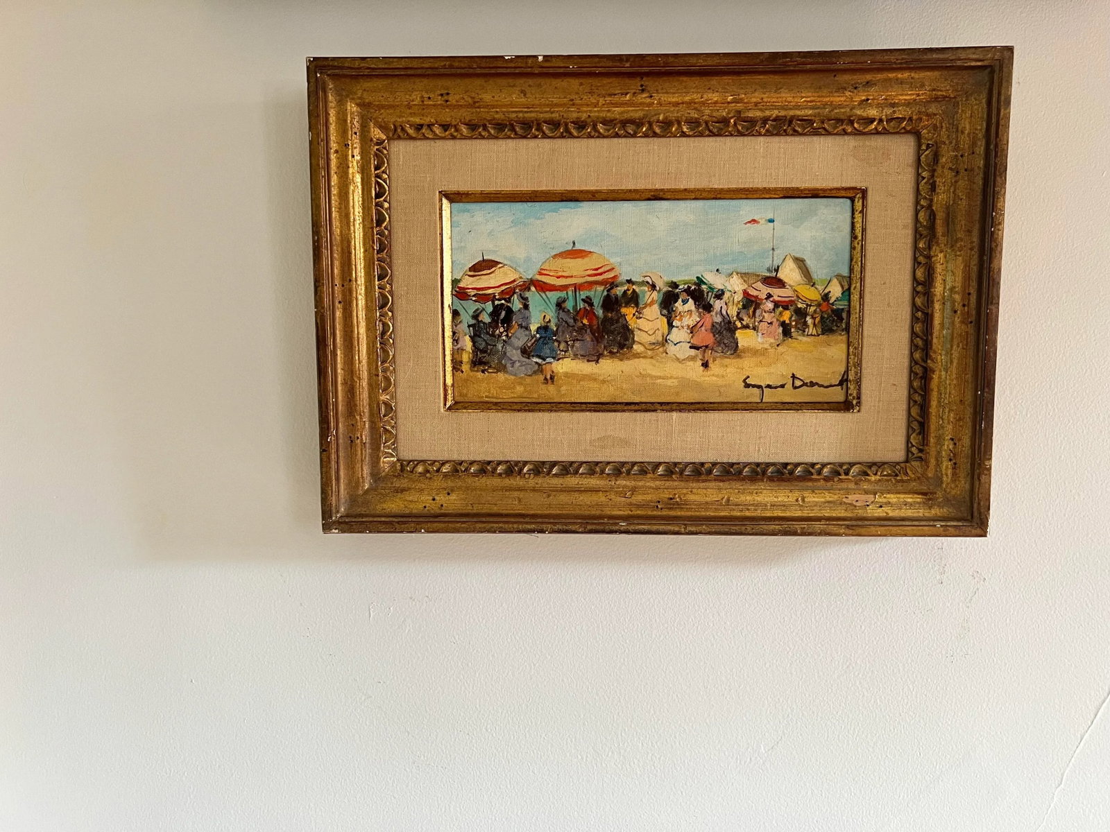 1940s Suzanne Demarest French Oil Painting on Canvas Beach Scene With Umbrellas and Flag - 7