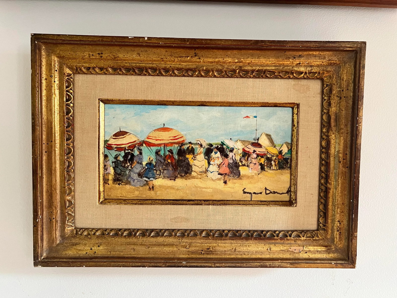 1940s Suzanne Demarest French Oil Painting on Canvas Beach Scene With Umbrellas and Flag - 8