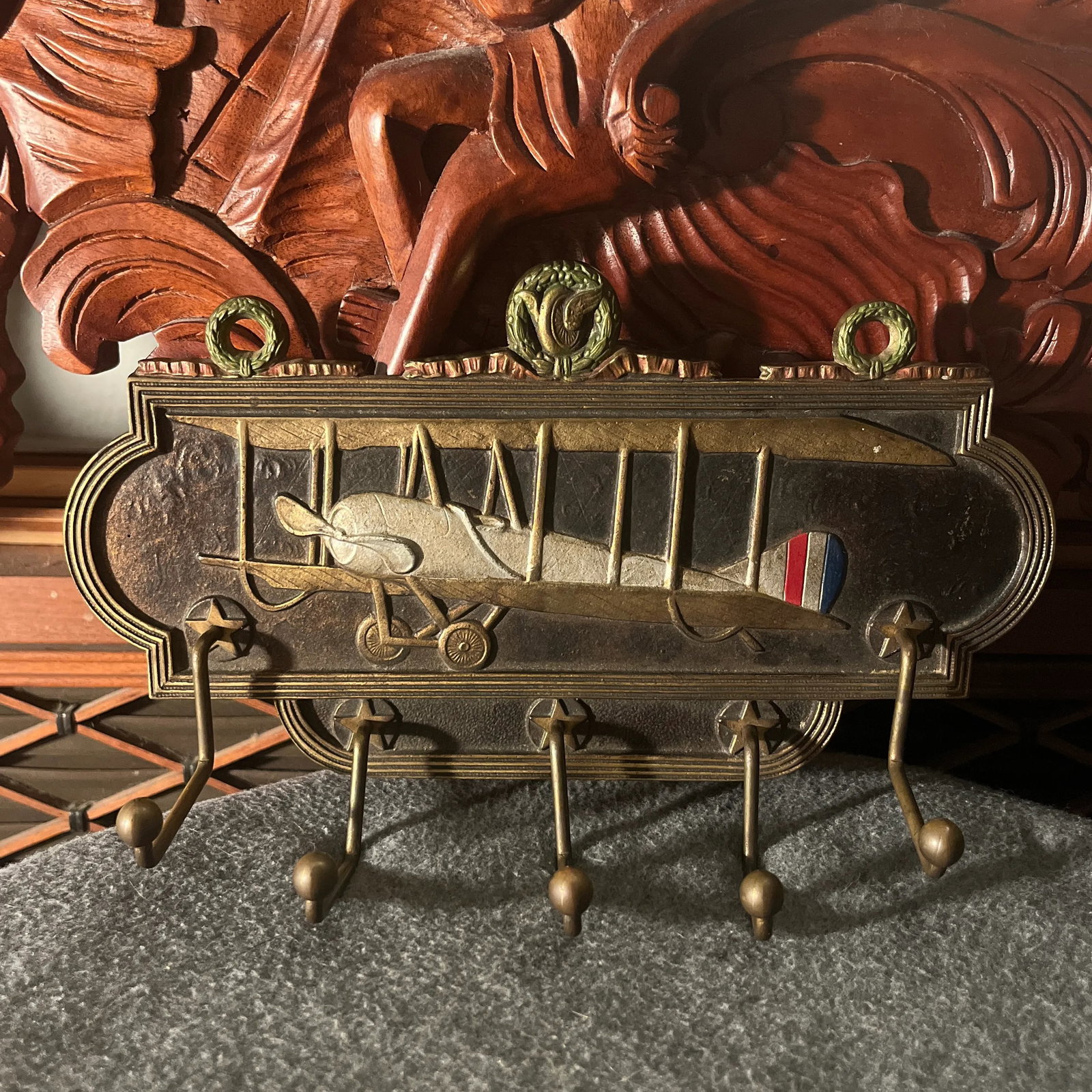 Antique Judd Co. Cast Iron Airplane Themed Wall Rack - 12