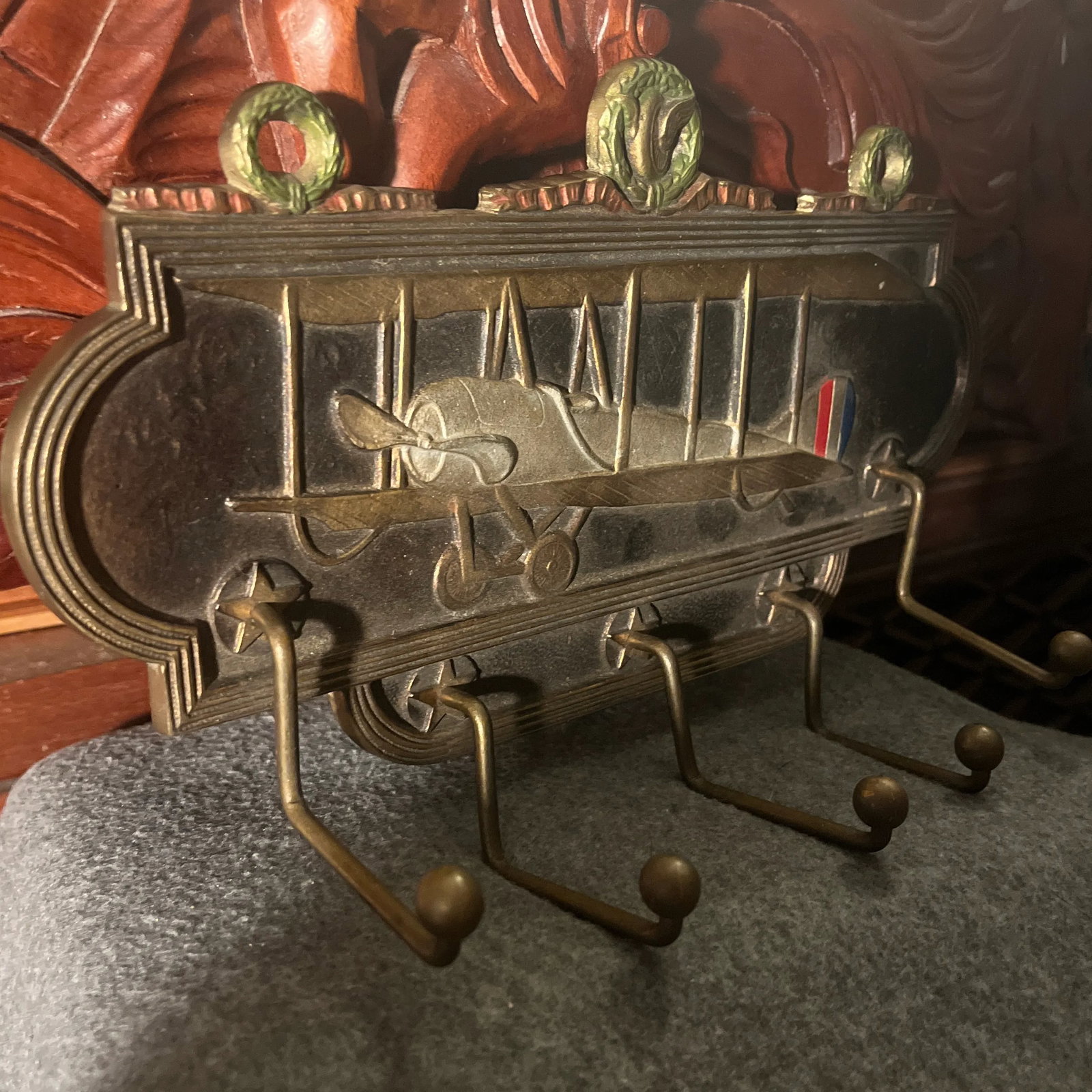 Antique Judd Co. Cast Iron Airplane Themed Wall Rack - 2