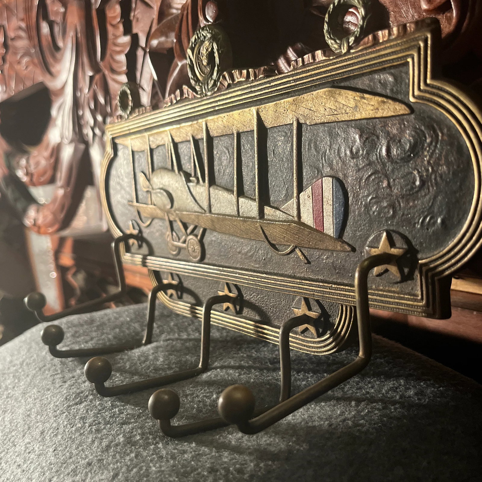 Antique Judd Co. Cast Iron Airplane Themed Wall Rack - 3