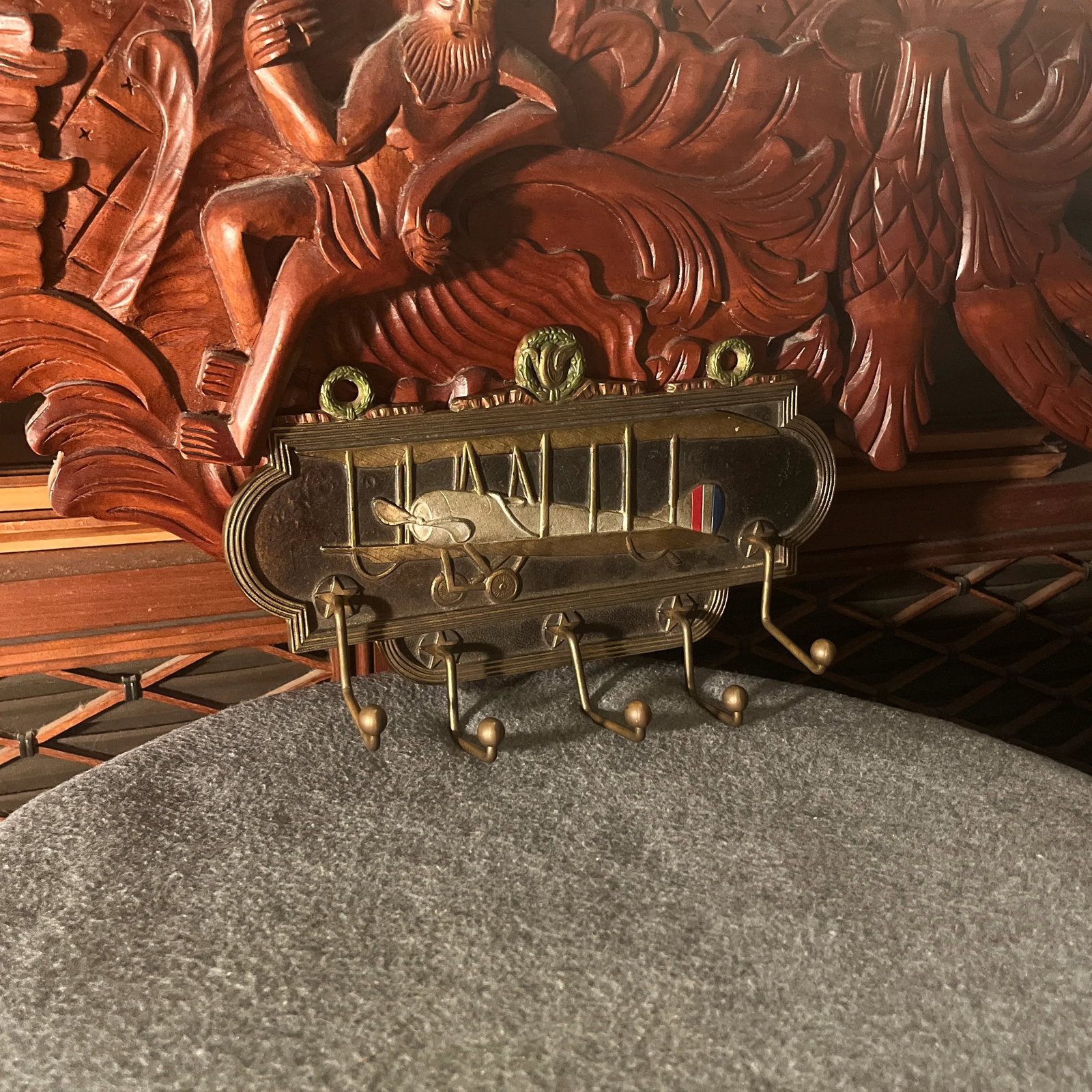 Antique Judd Co. Cast Iron Airplane Themed Wall Rack - 4