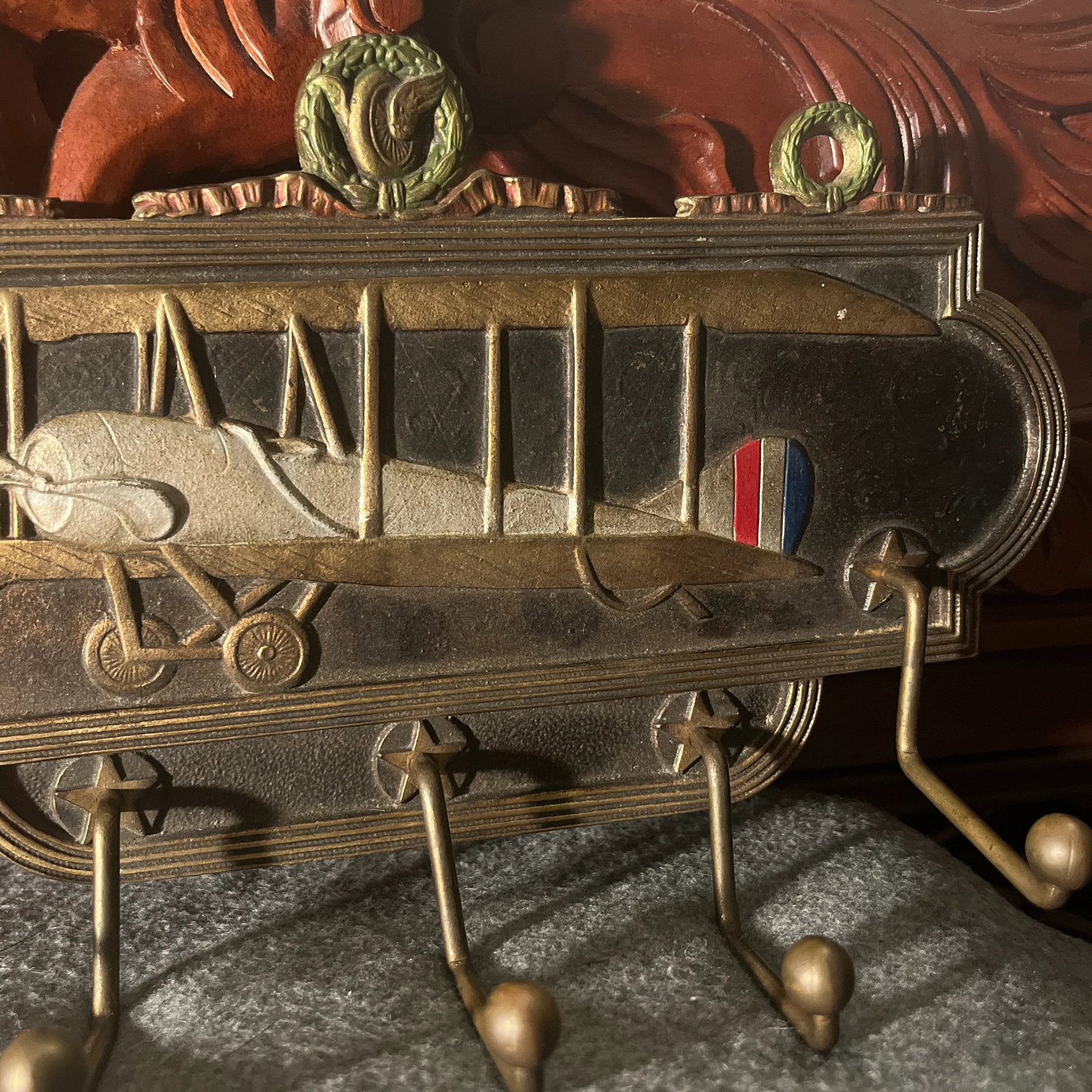 Antique Judd Co. Cast Iron Airplane Themed Wall Rack - 6