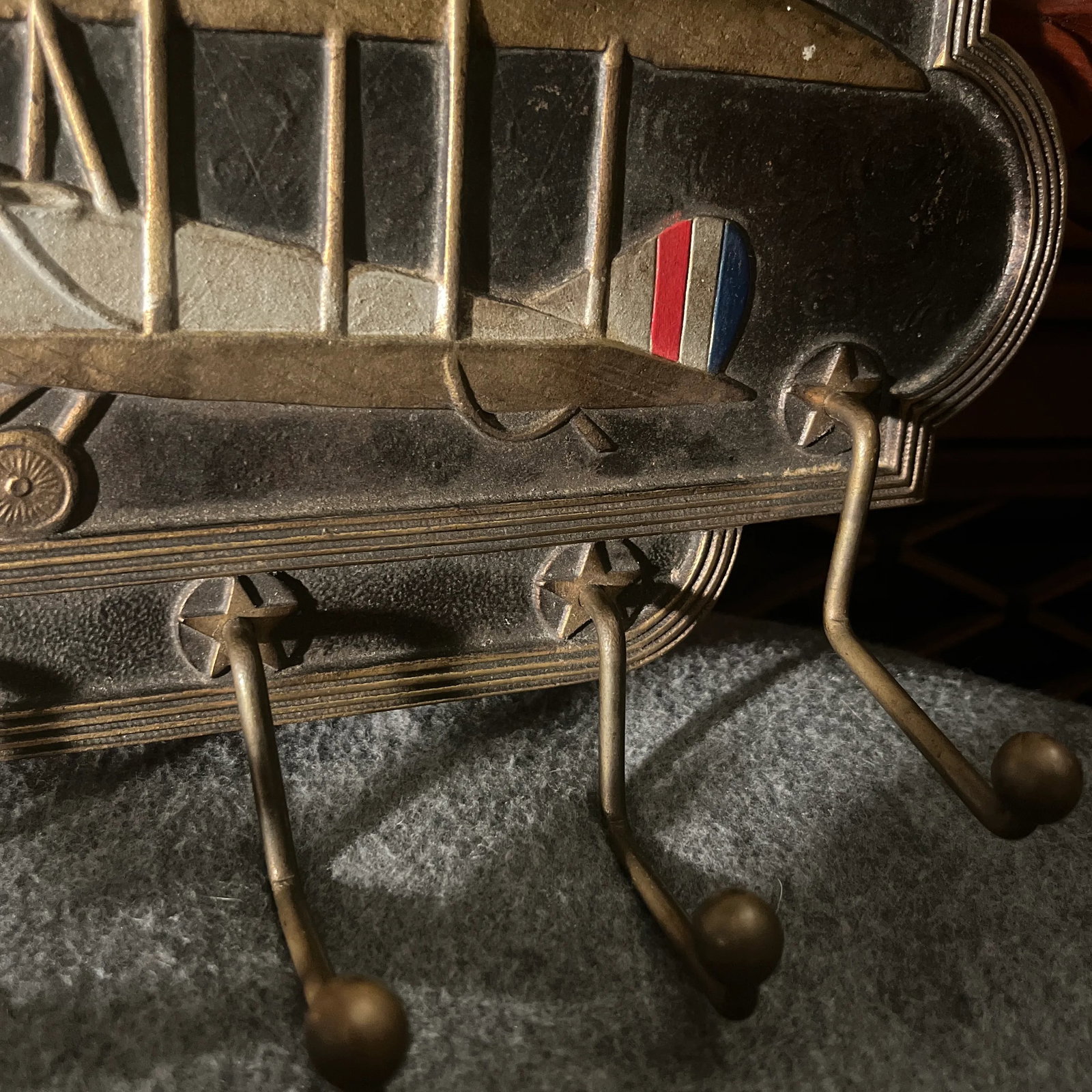Antique Judd Co. Cast Iron Airplane Themed Wall Rack - 8