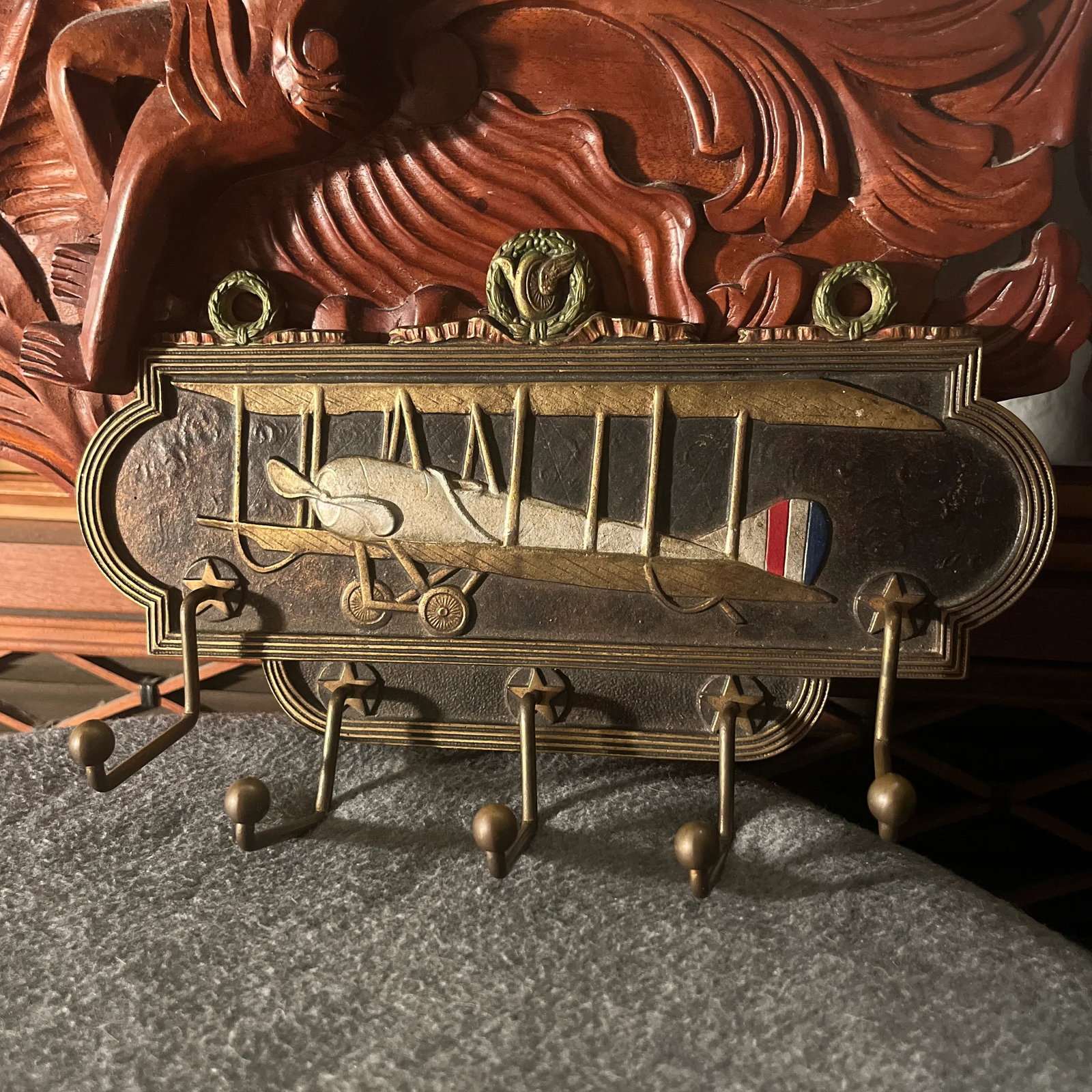 Antique Judd Co. Cast Iron Airplane Themed Wall Rack - 9